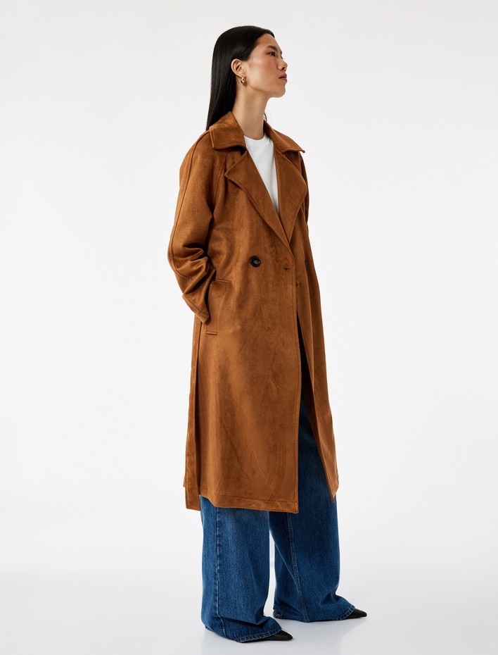  Cepli Kruvaze Yaka Kemerli Uzun Suni Süet Trençkot