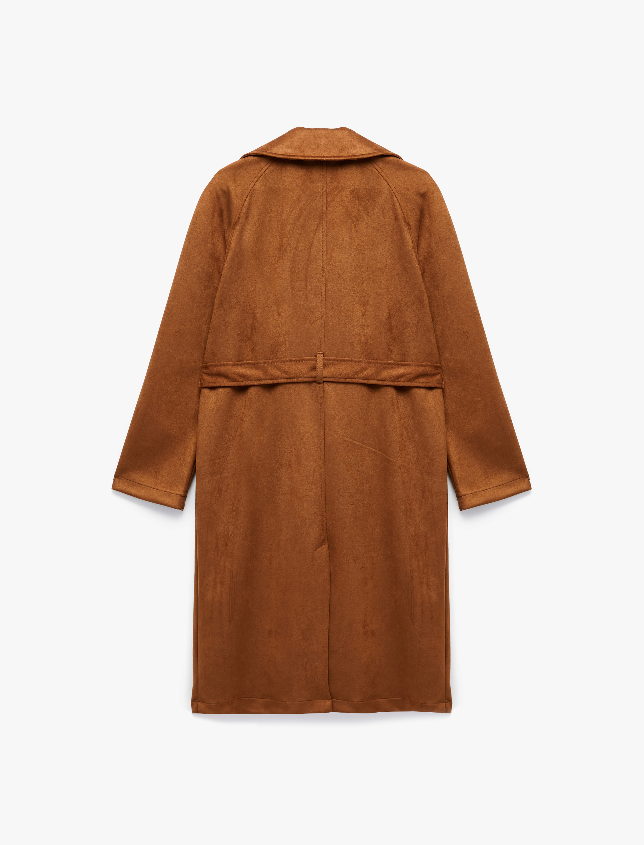   Cepli Kruvaze Yaka Kemerli Uzun Suni Süet Trençkot