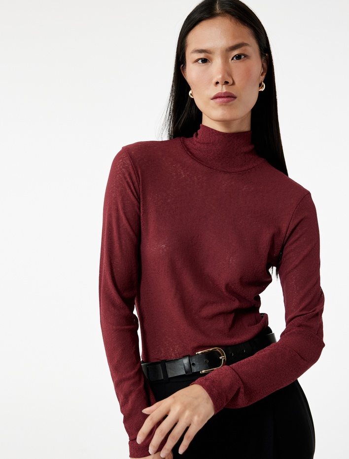  Slim Fit Balıkçı Yaka Uzun Kollu Tişört