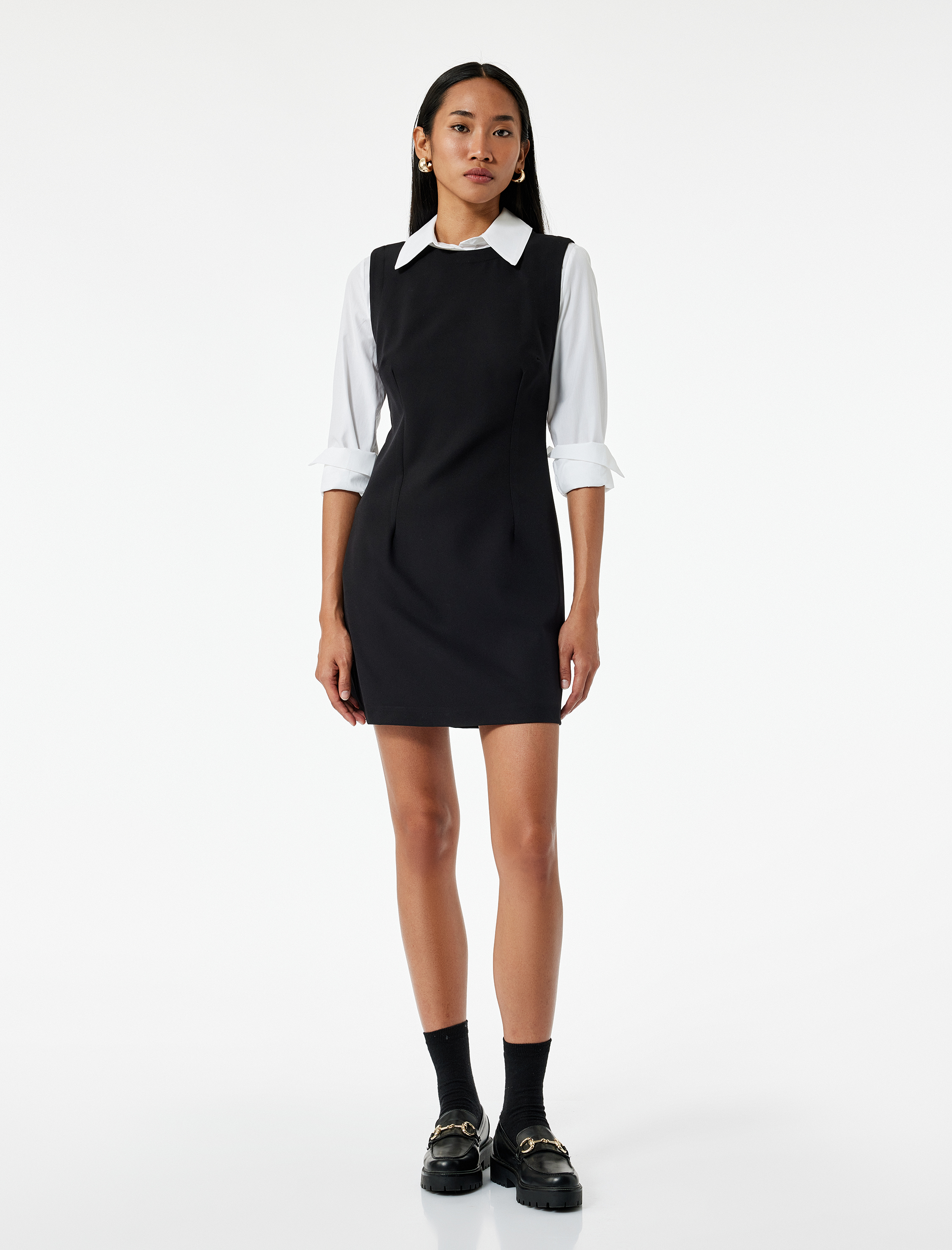   Slim Fit Kontrast Detaylı Uzun Kollu Gömlek Yaka Jile Elbise