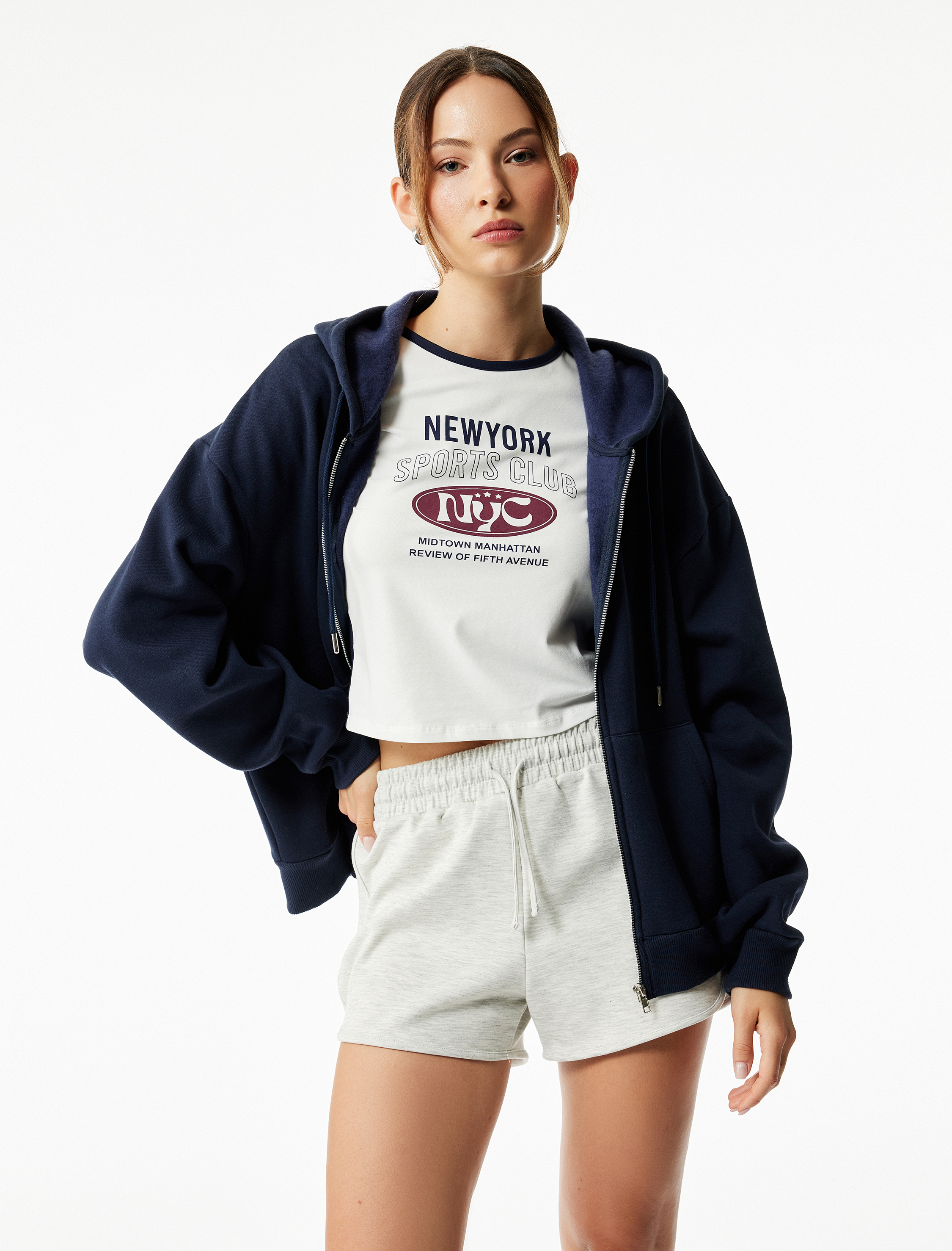   Fermuarlı Kapüşonlu Kanguru Cepli Uzun Kollu Şardonlu Oversize Spor Sweatshirt