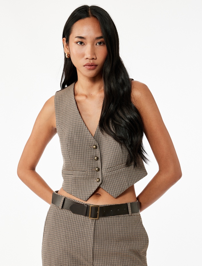  Düğmeli Slim Fit Ekose Blazer Yelek