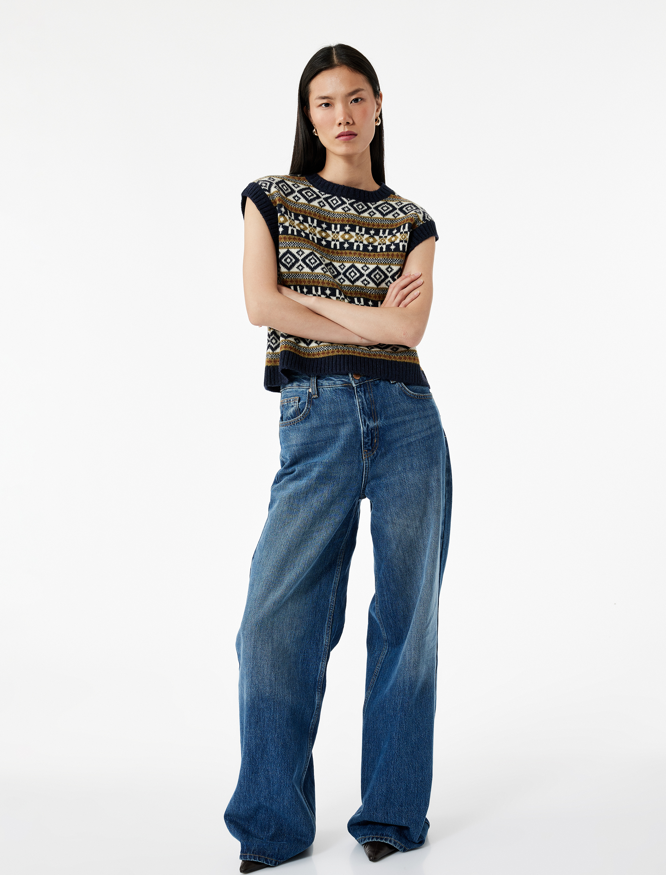   Etnik Desenli Kolsuz Bisiklet Yaka Triko Oversize Süveter