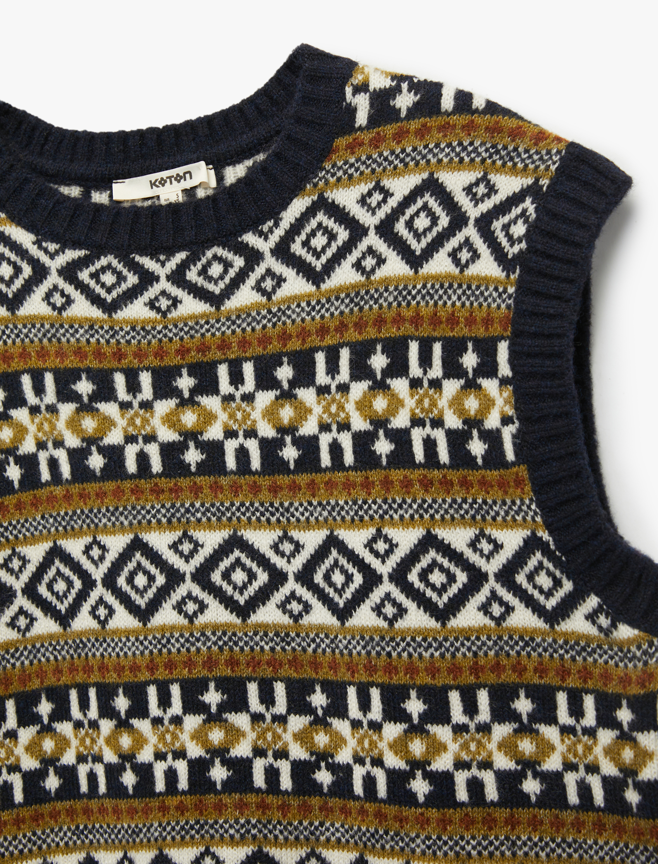   Etnik Desenli Kolsuz Bisiklet Yaka Triko Oversize Süveter