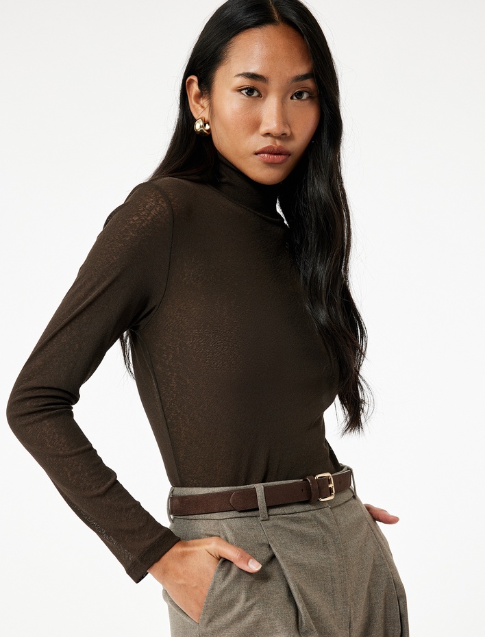  Slim Fit Balıkçı Yaka Uzun Kollu Tişört