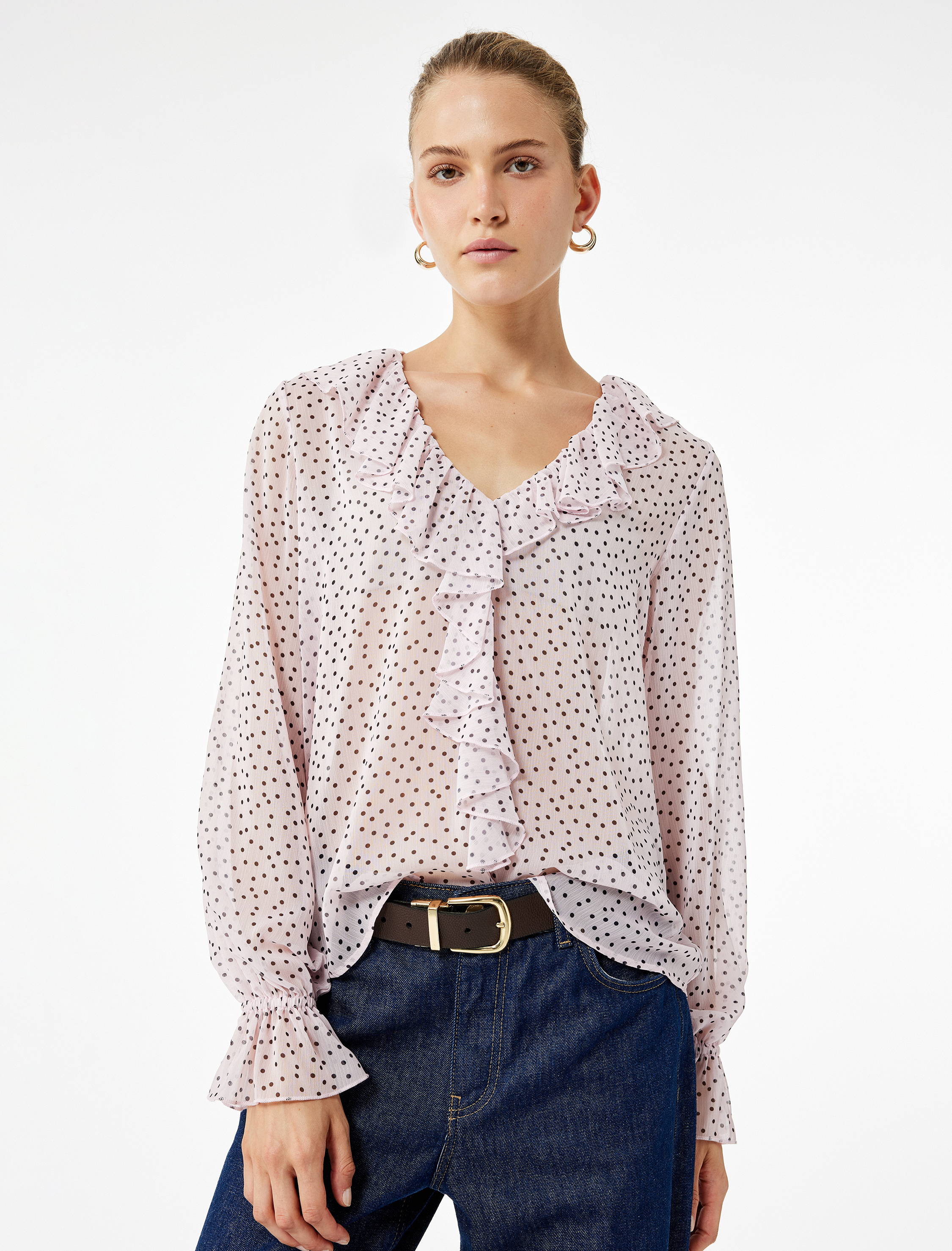   Puantiyeli Fırfırlı Uzun Kollu Şifon Bluz