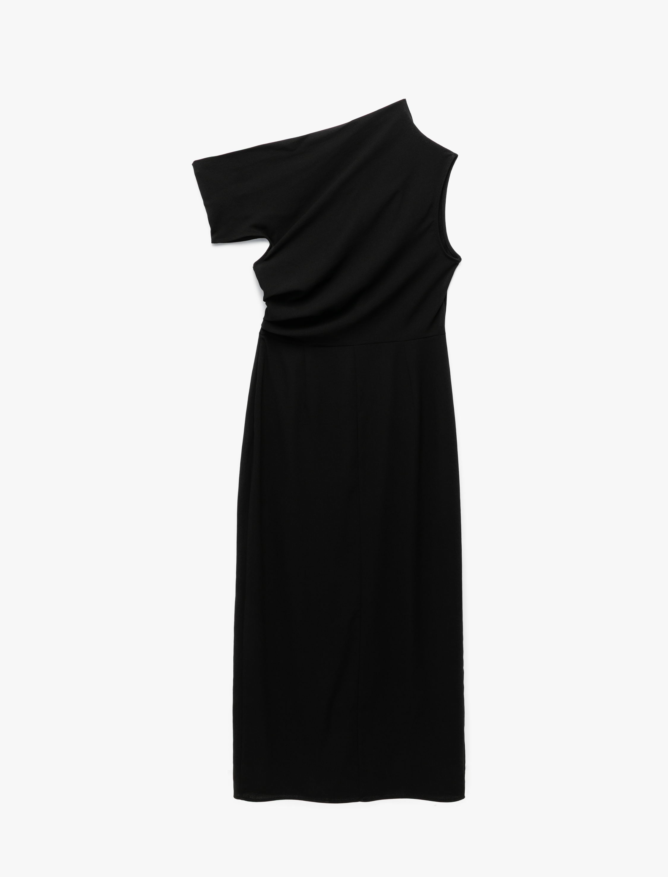   Krep Kumaş Asimetrik Kesim Drapeli Yırtmaçlı Midi Boy Tek Omuz Elbise