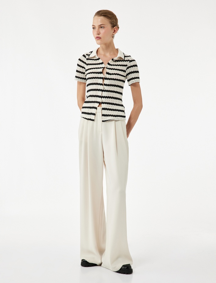  Kısa Kollu Düğmeli Ajurlu Polo Yaka Triko Hırka