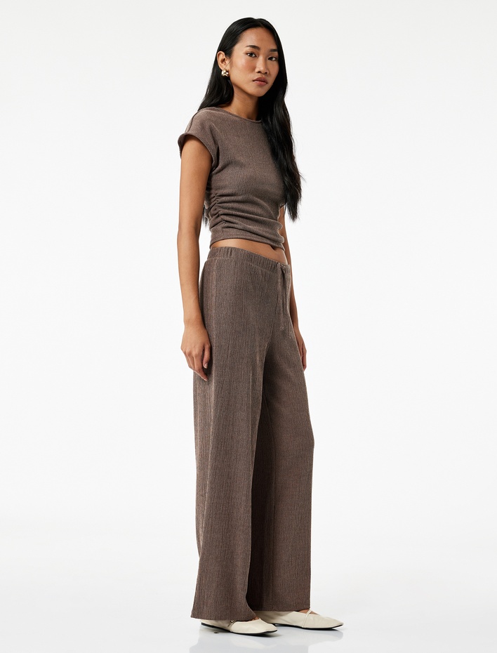  Bürümcük Kumaş Rahat Kalıp Beli Bağcıklı Düz Bol Paça Pantolon