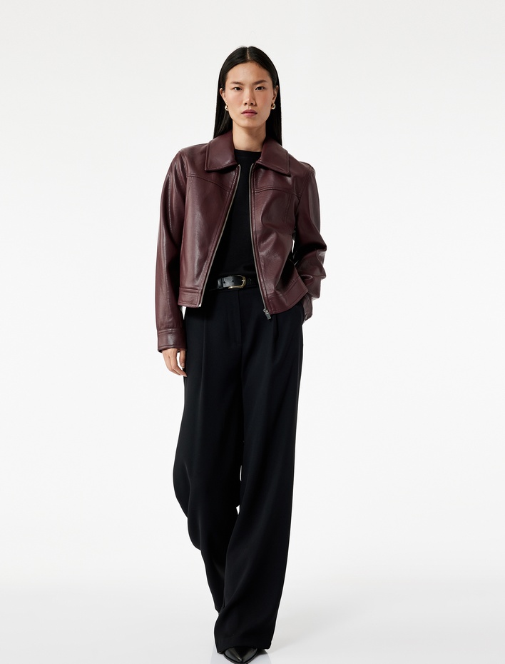  Fermuarlı Uzun Kollu Crop Suni Deri Ceket