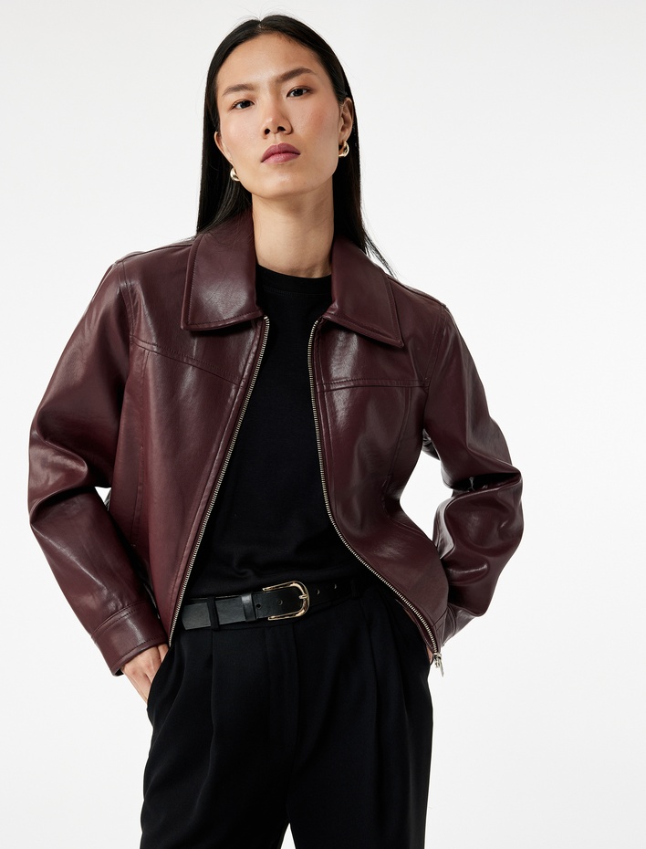  Fermuarlı Uzun Kollu Crop Suni Deri Ceket