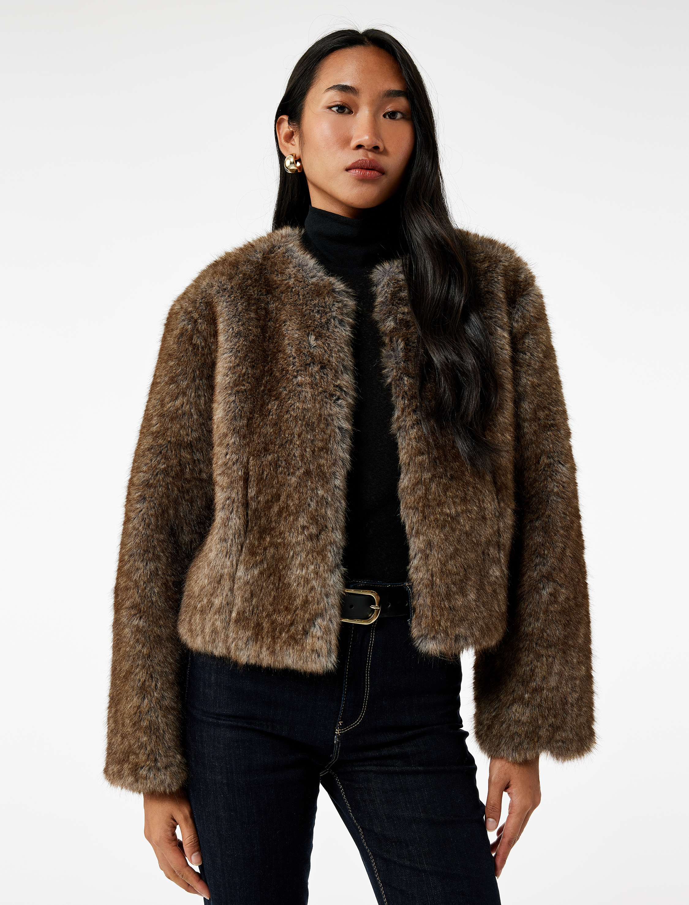 Uzun Kollu Bisiklet Yaka Crop Suni Kürk Mont