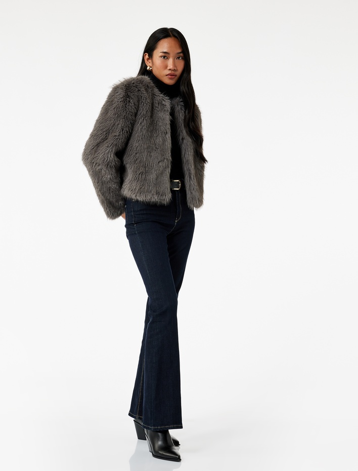  Koton X Sibil Çetinkaya - Uzun Kollu Bisiklet Yaka Crop Suni Kürk Mont
