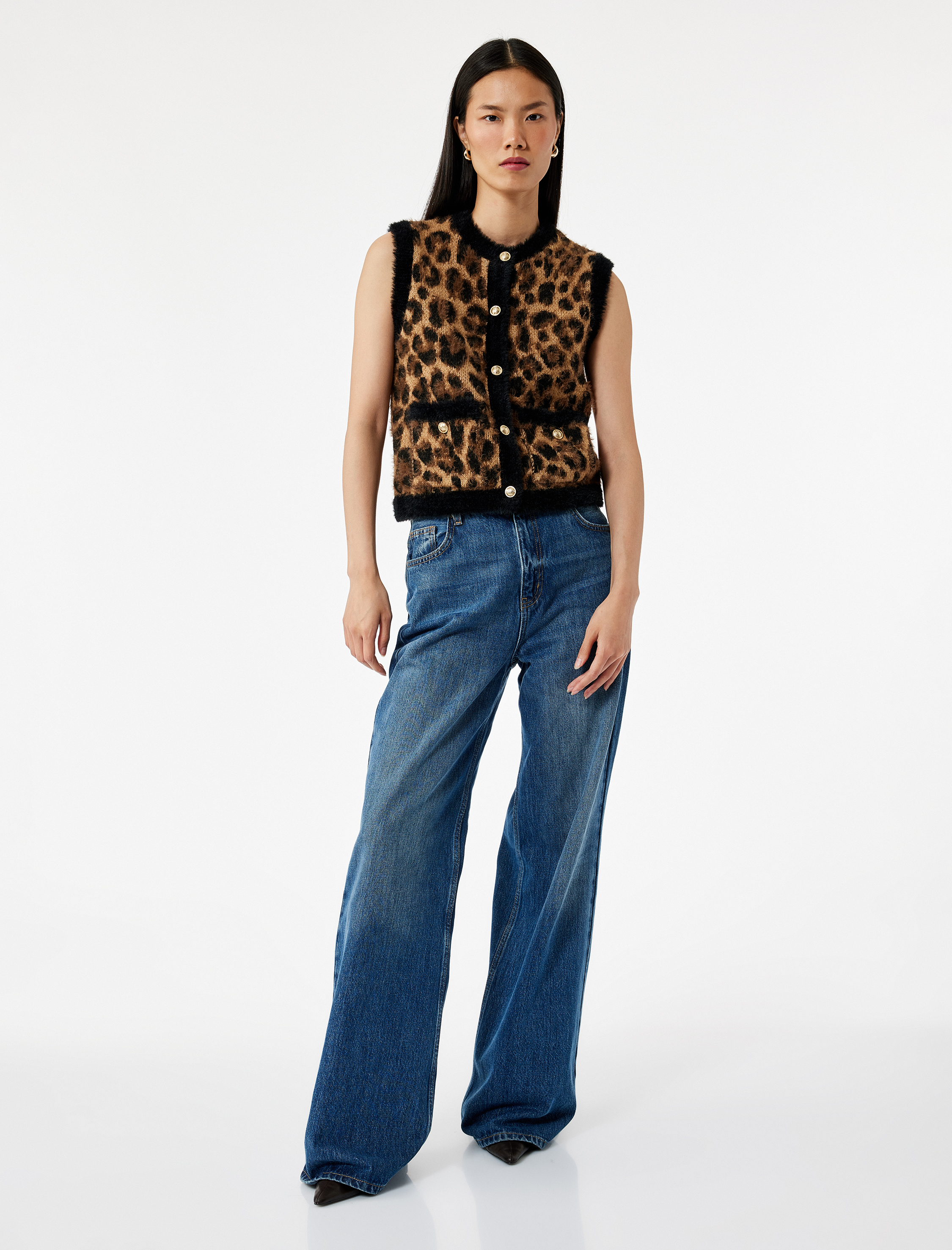   Kolsuz Bisiklet Yaka Triko Peluş Leopar Desenli Yelek