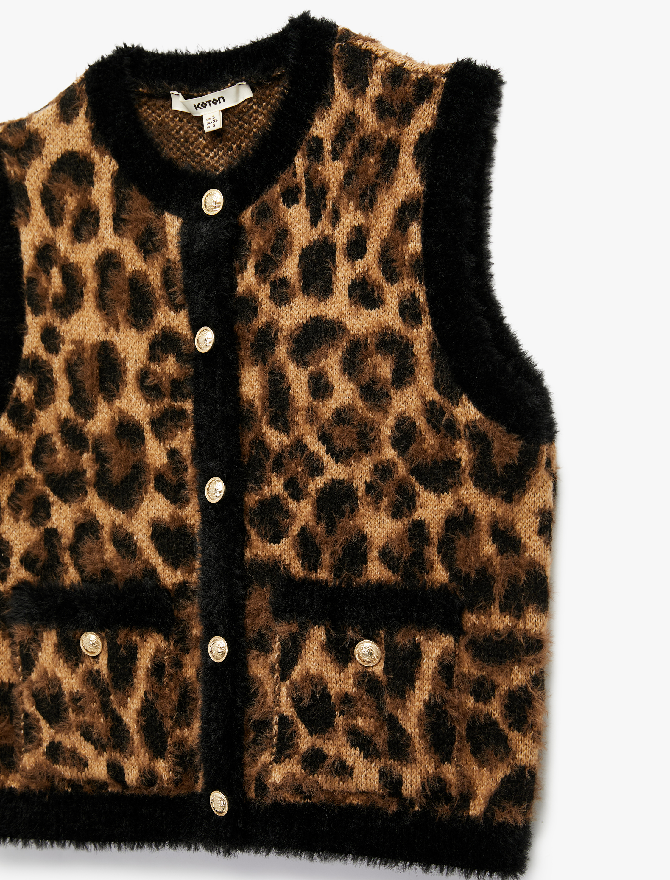   Kolsuz Bisiklet Yaka Triko Peluş Leopar Desenli Yelek