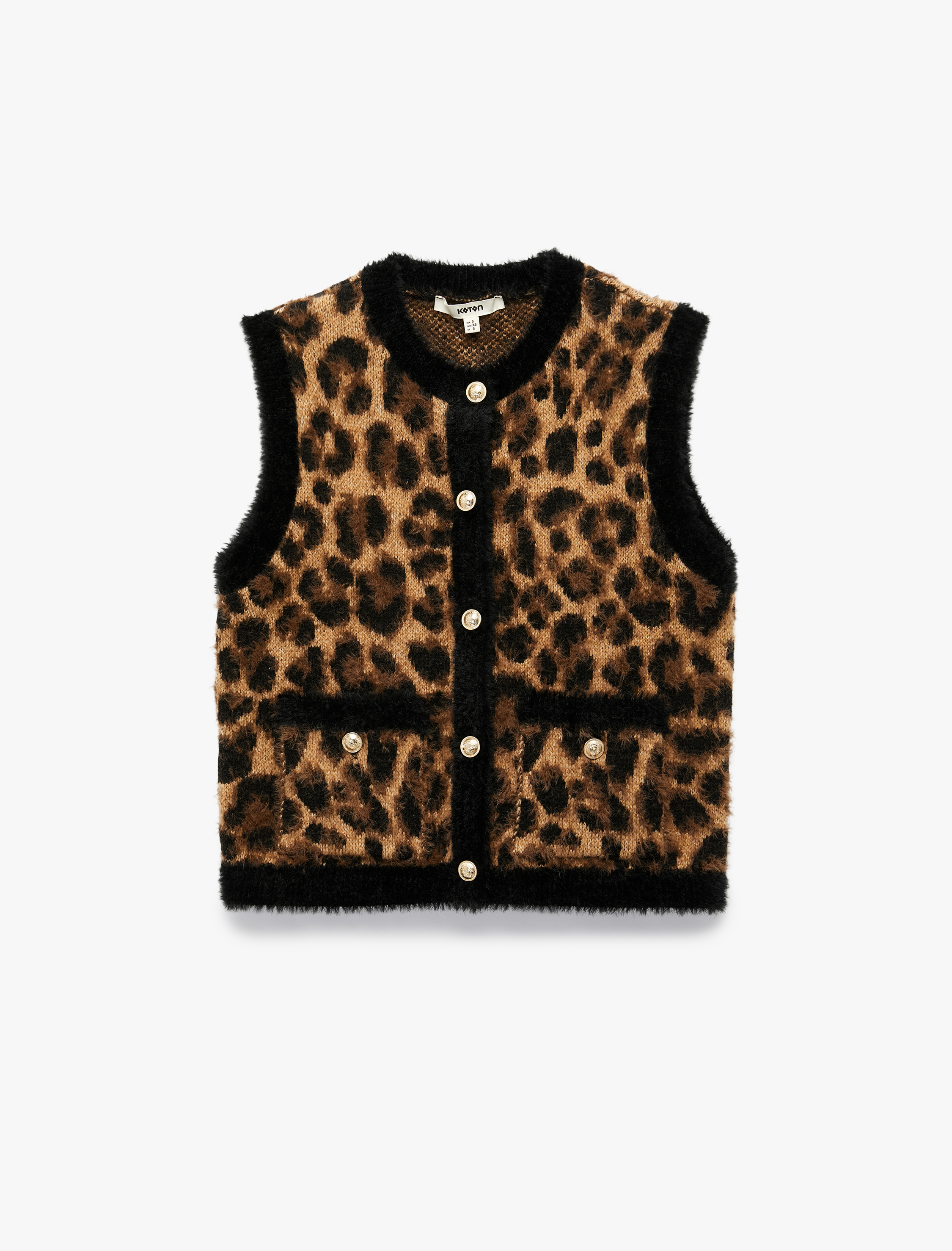   Kolsuz Bisiklet Yaka Triko Peluş Leopar Desenli Yelek