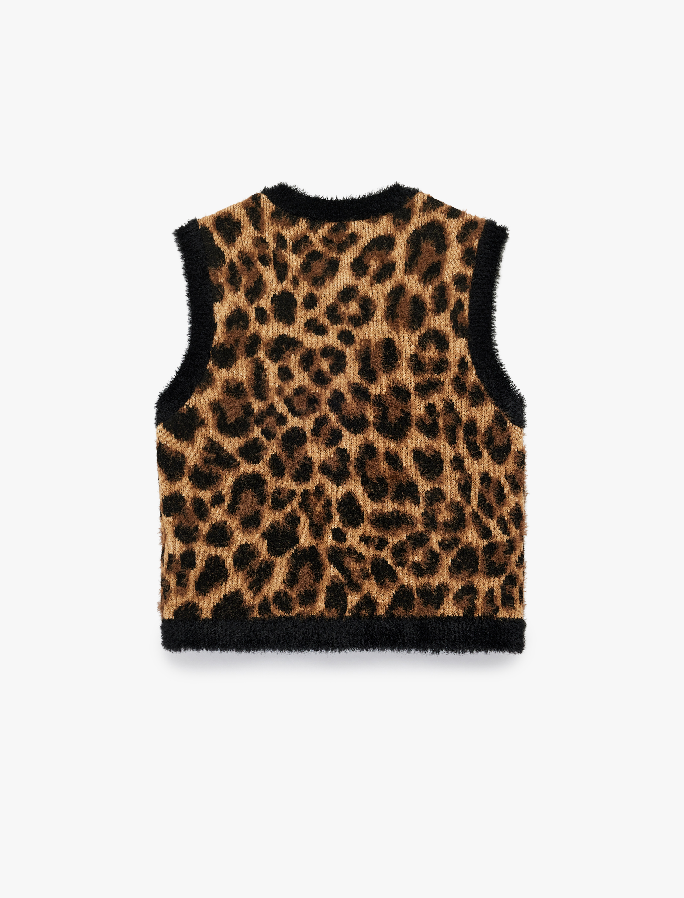   Kolsuz Bisiklet Yaka Triko Peluş Leopar Desenli Yelek