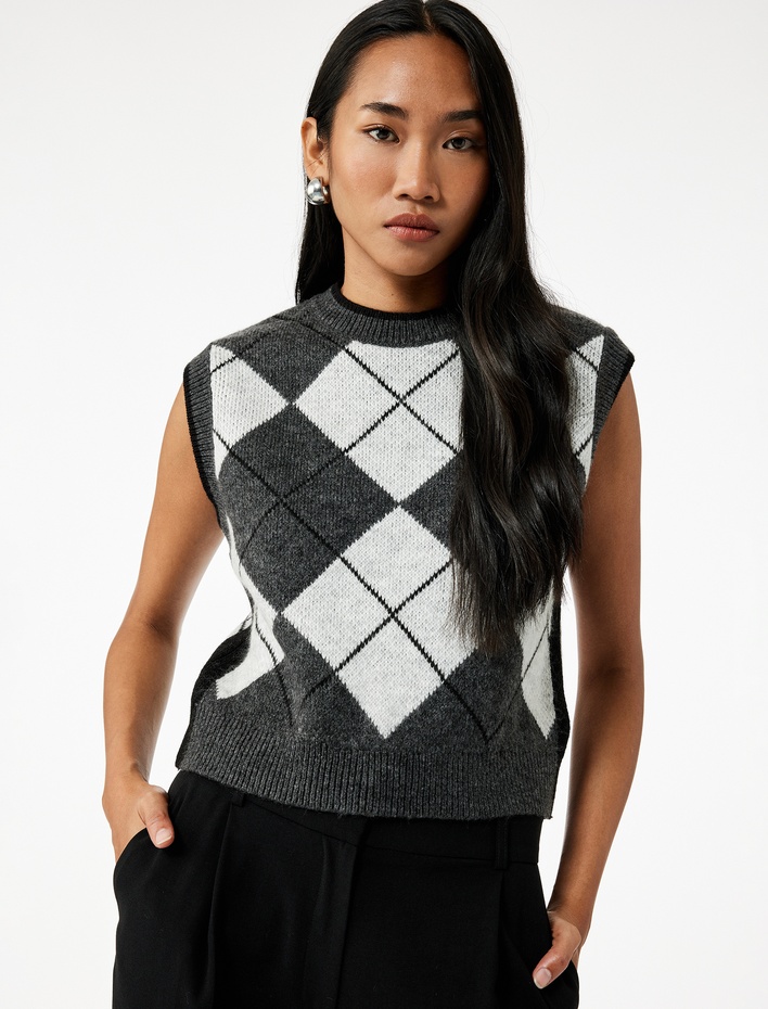  Baklava Desenli Kolsuz Bisiklet Yaka Triko Süveter