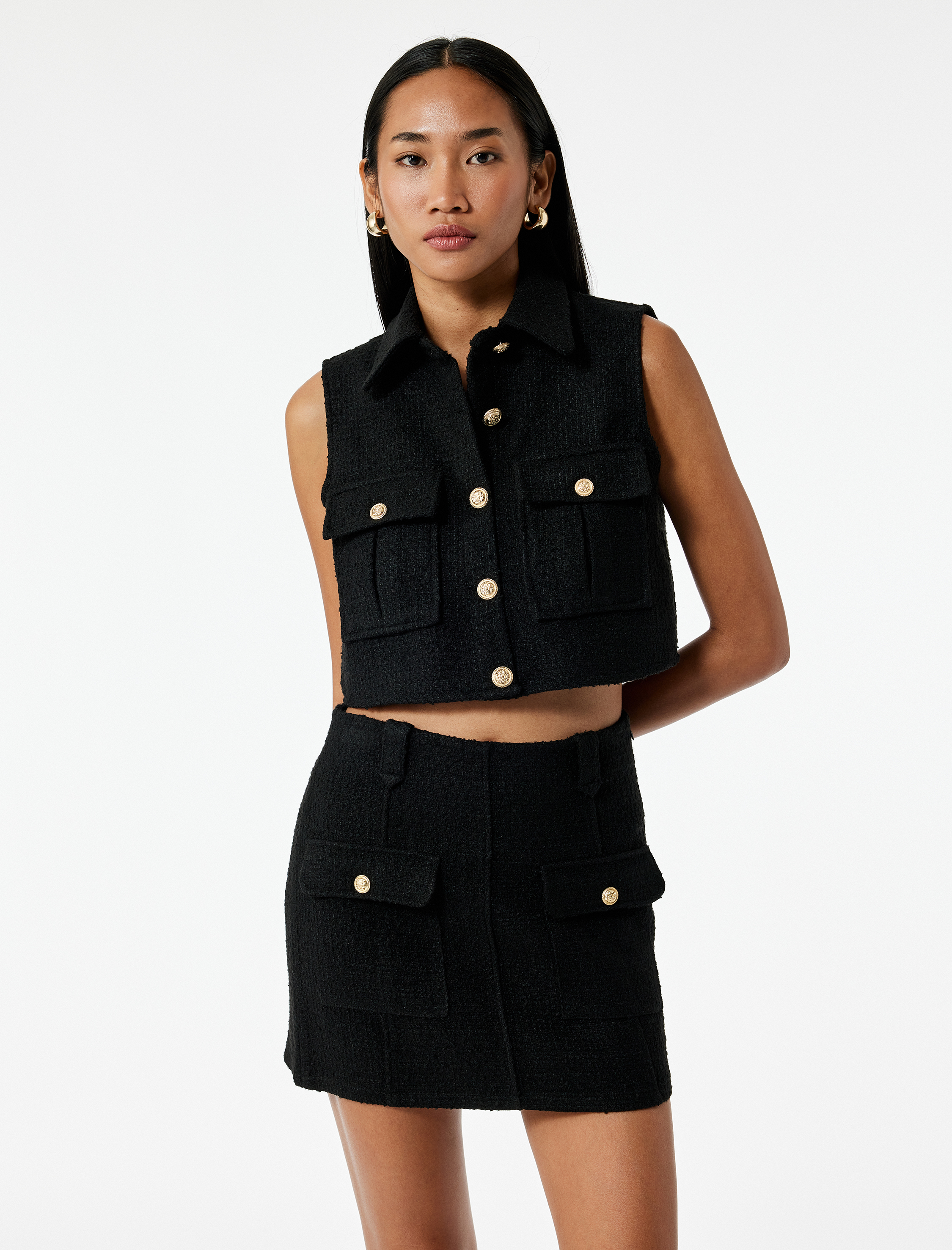   Düğmeli Cepli Kolsuz Gömlek Yaka Tüvit Crop Yelek