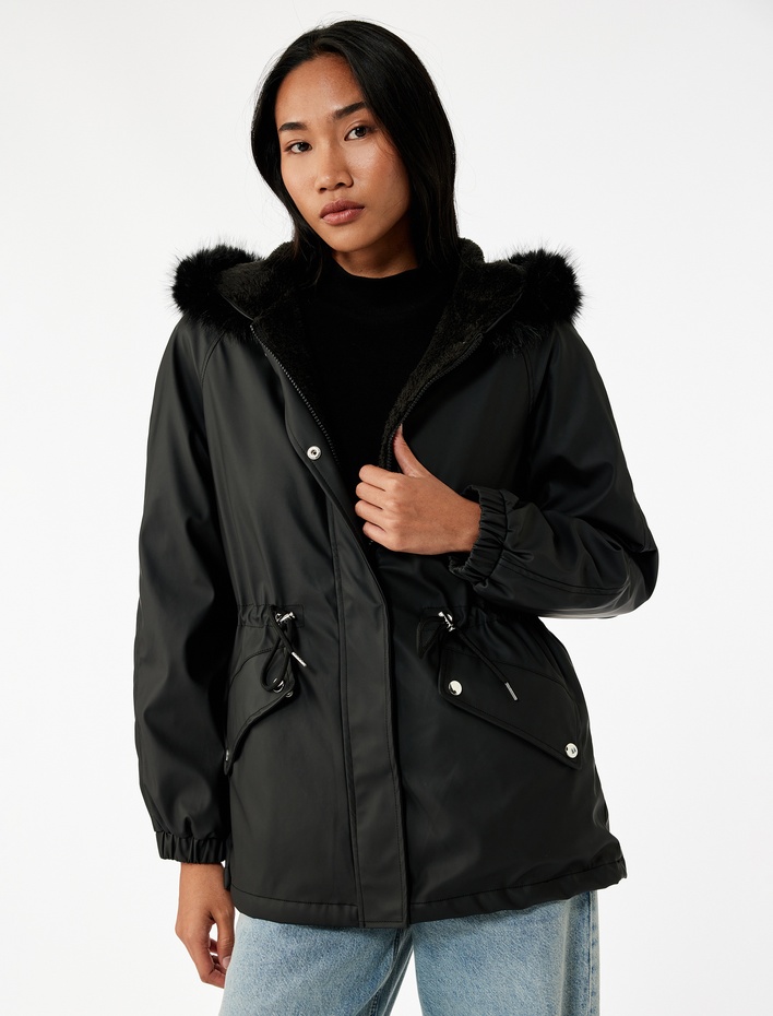  Polar Astarlı Cepli Çıkarılabilir Suni Kürk Aksesuar Detaylı Kapüşonlu Anorak Mont