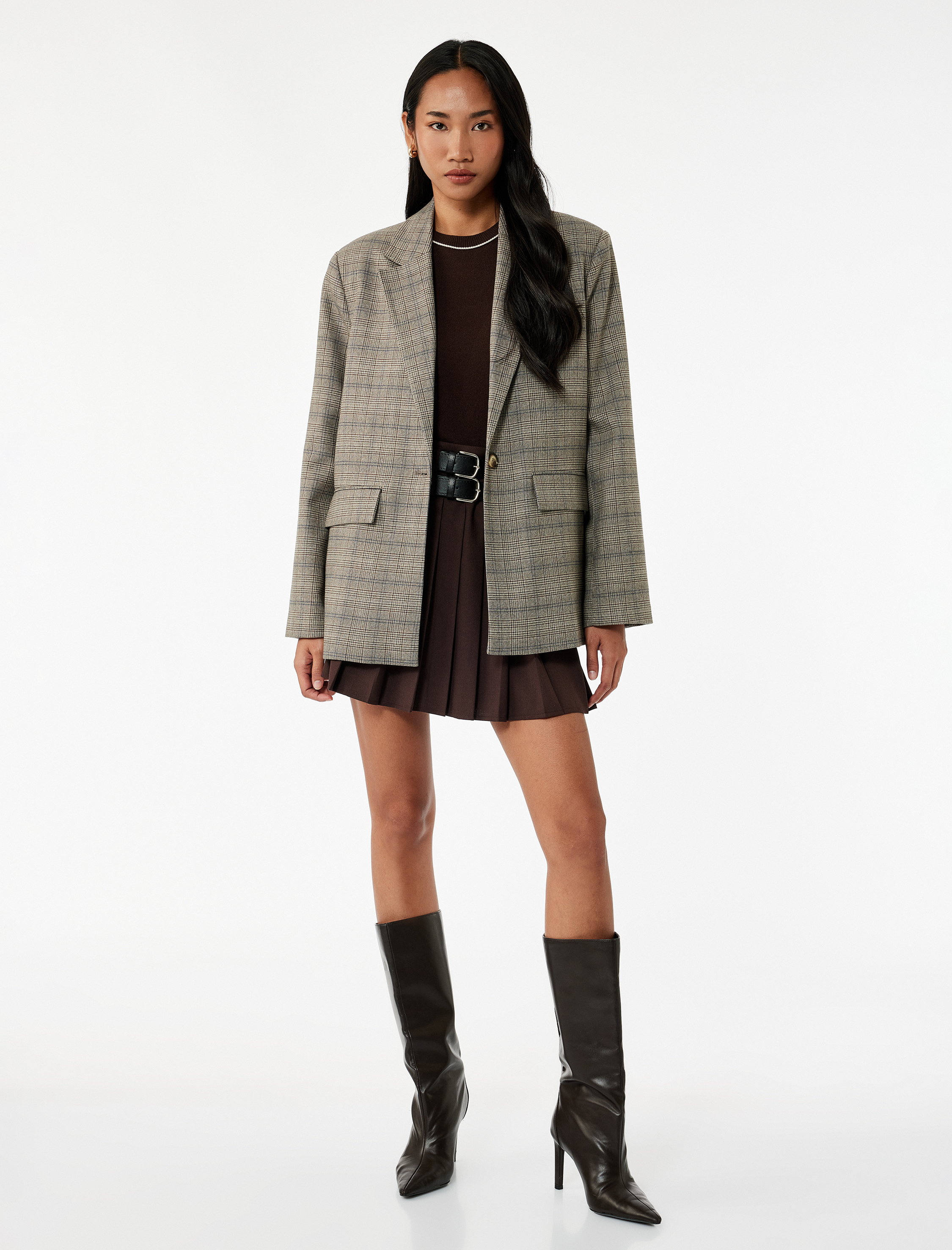 A Kesim Çift Kemer Detaylı Mini Pileli Etek