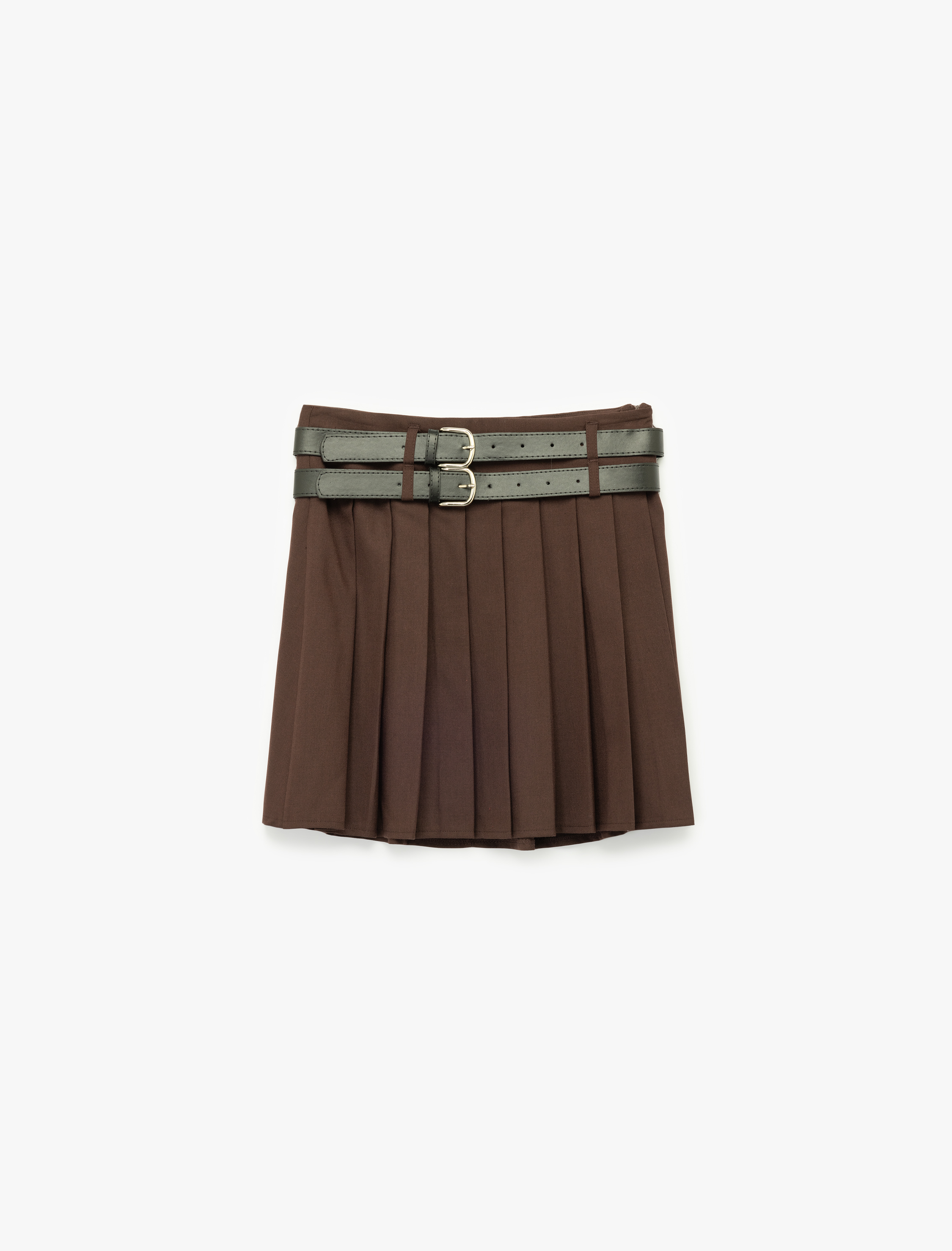 A Kesim Çift Kemer Detaylı Mini Pileli Etek