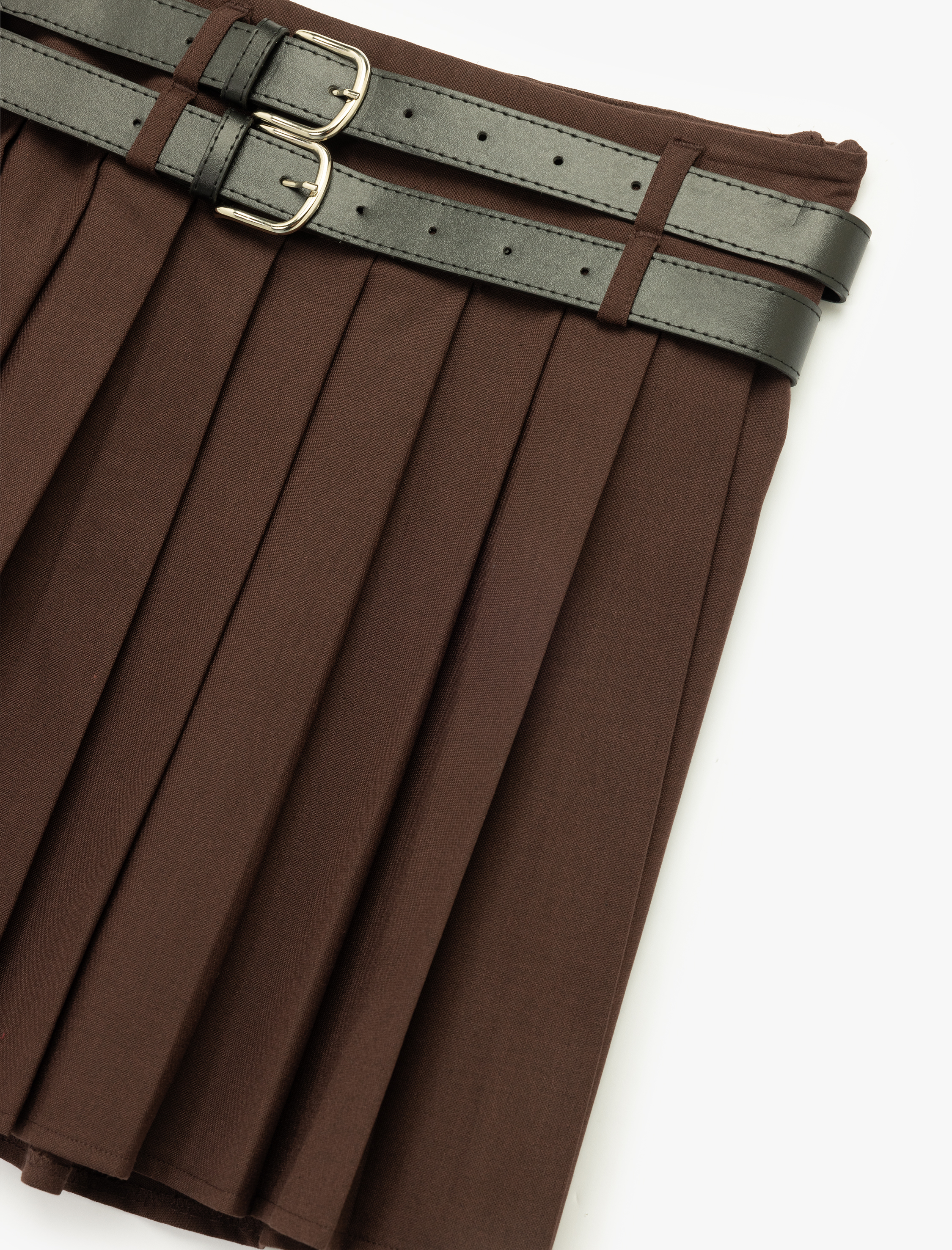 A Kesim Çift Kemer Detaylı Mini Pileli Etek