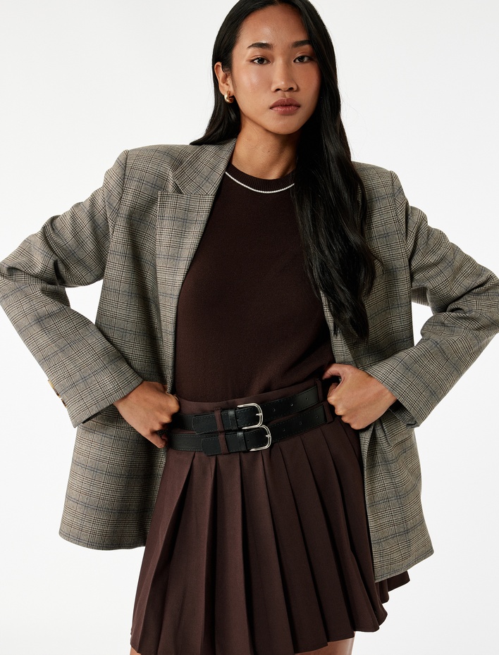  A Kesim Çift Kemer Detaylı Mini Pileli Etek