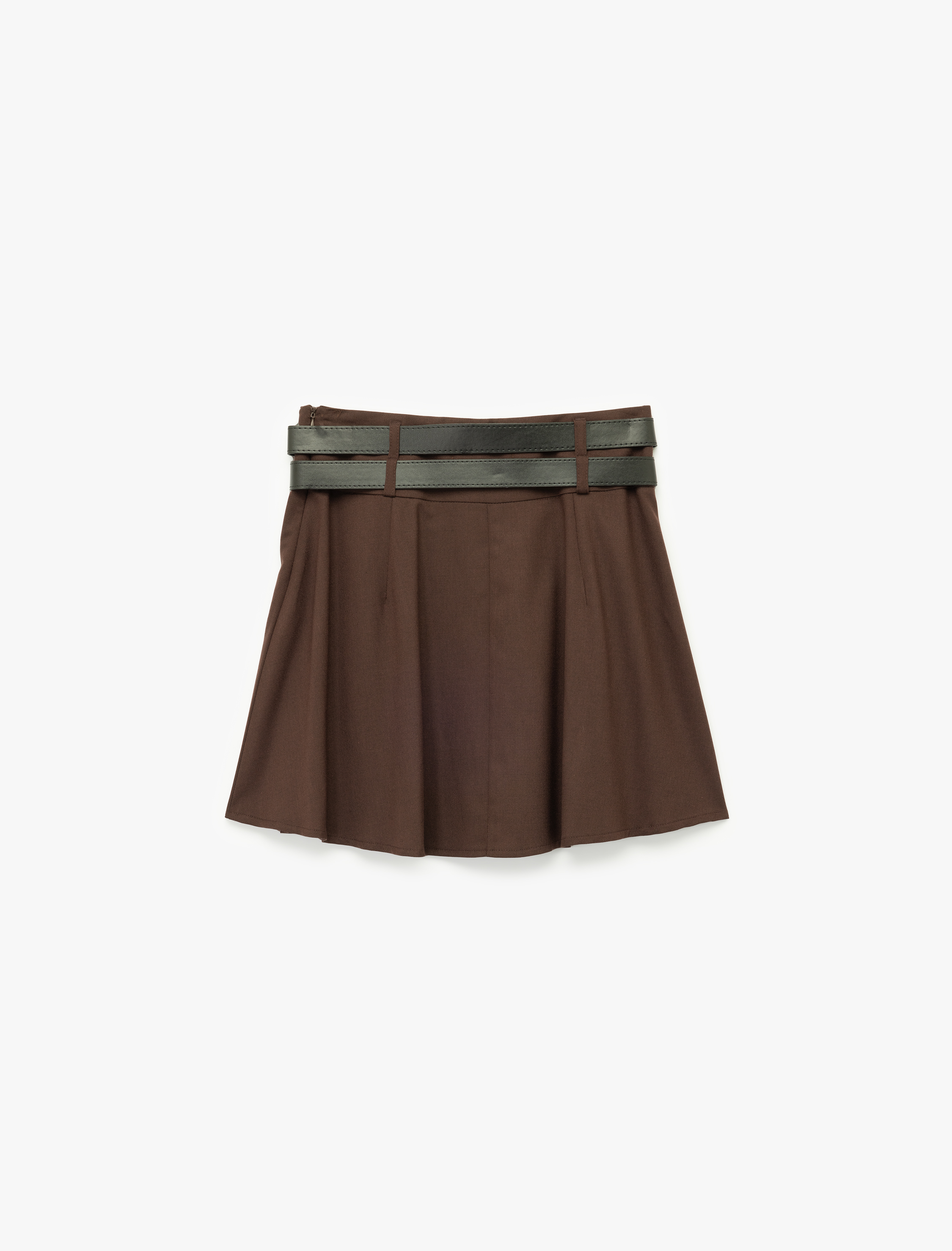 A Kesim Çift Kemer Detaylı Mini Pileli Etek