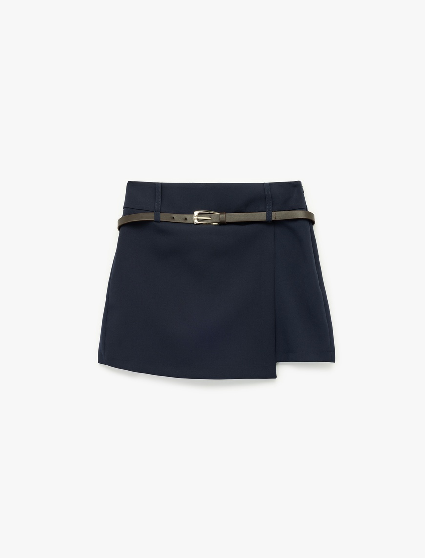   Slim Fit Kemerli Kruvaze Mini Şort Etek