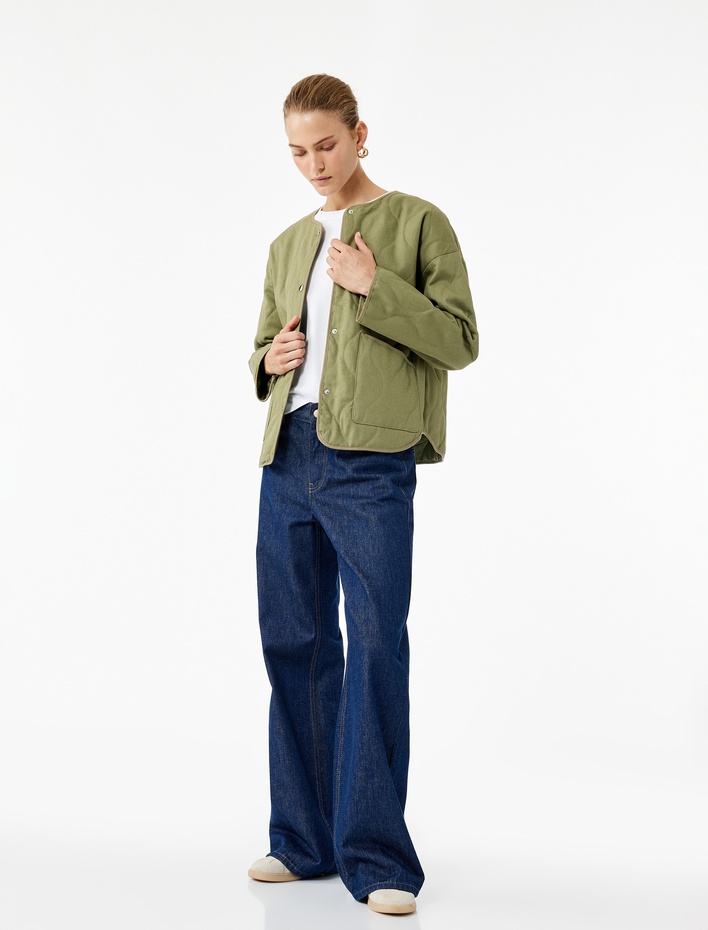  Uzun Kollu Cepli Bisiklet Yaka Kapitone Ceket