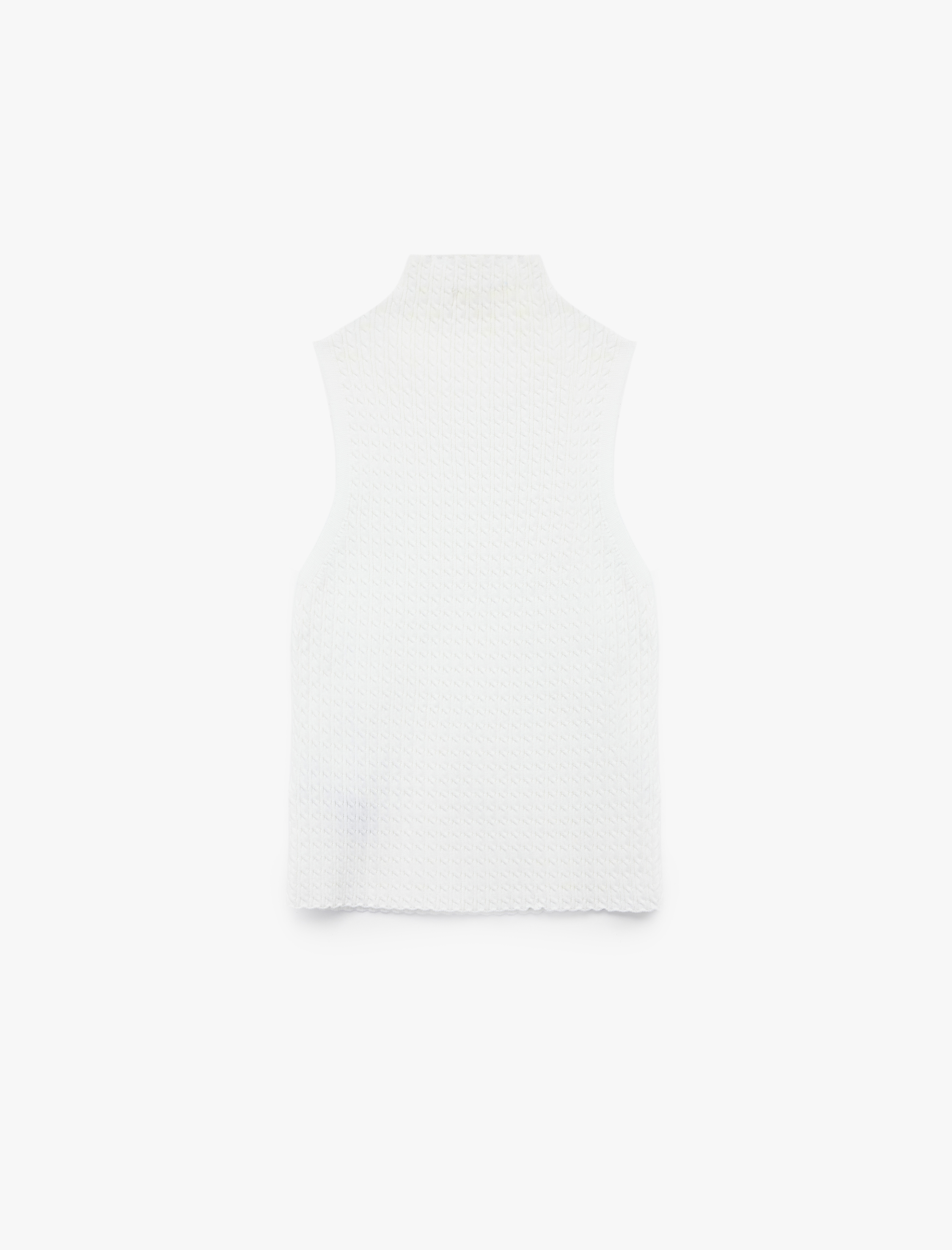   Dik Yaka Saç Örgü Dokulu Kolsuz Triko Bluz