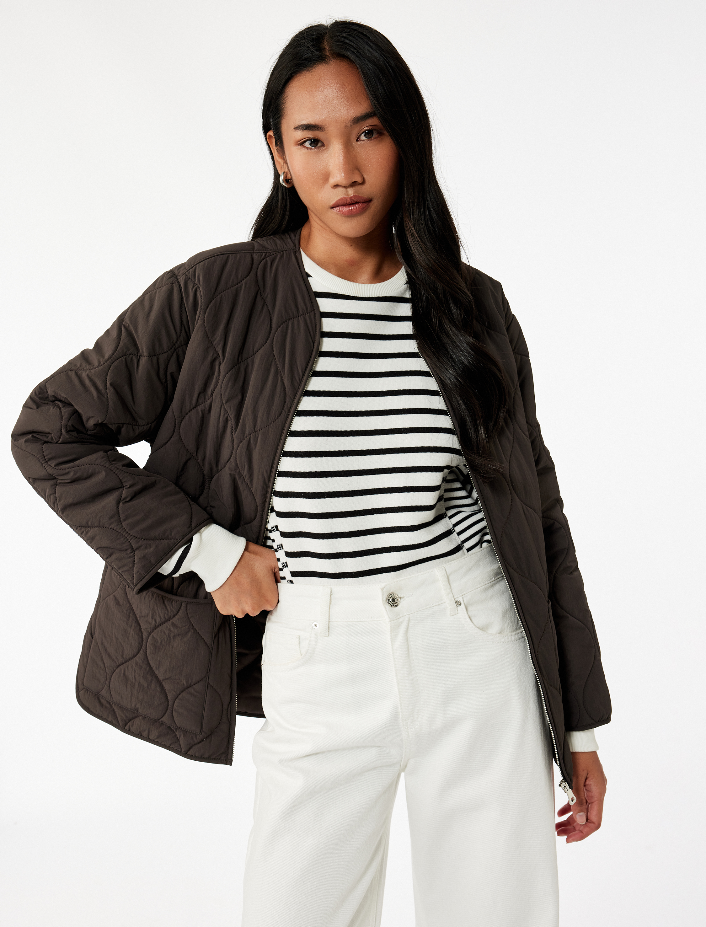   Uzun Kollu Cepli Bisiklet Yaka Fermuarlı Oversize Kapitone Ceket