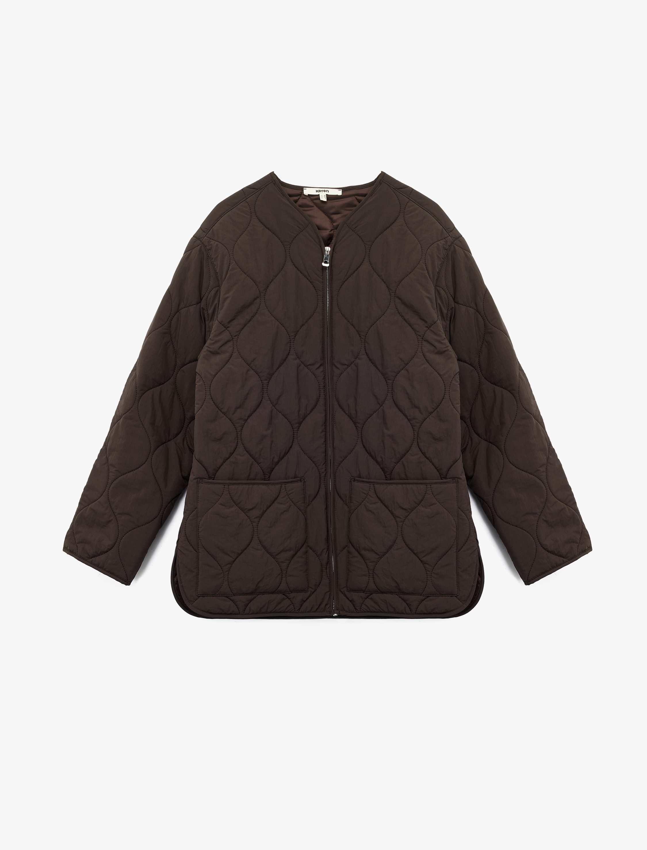   Uzun Kollu Cepli Bisiklet Yaka Fermuarlı Oversize Kapitone Ceket