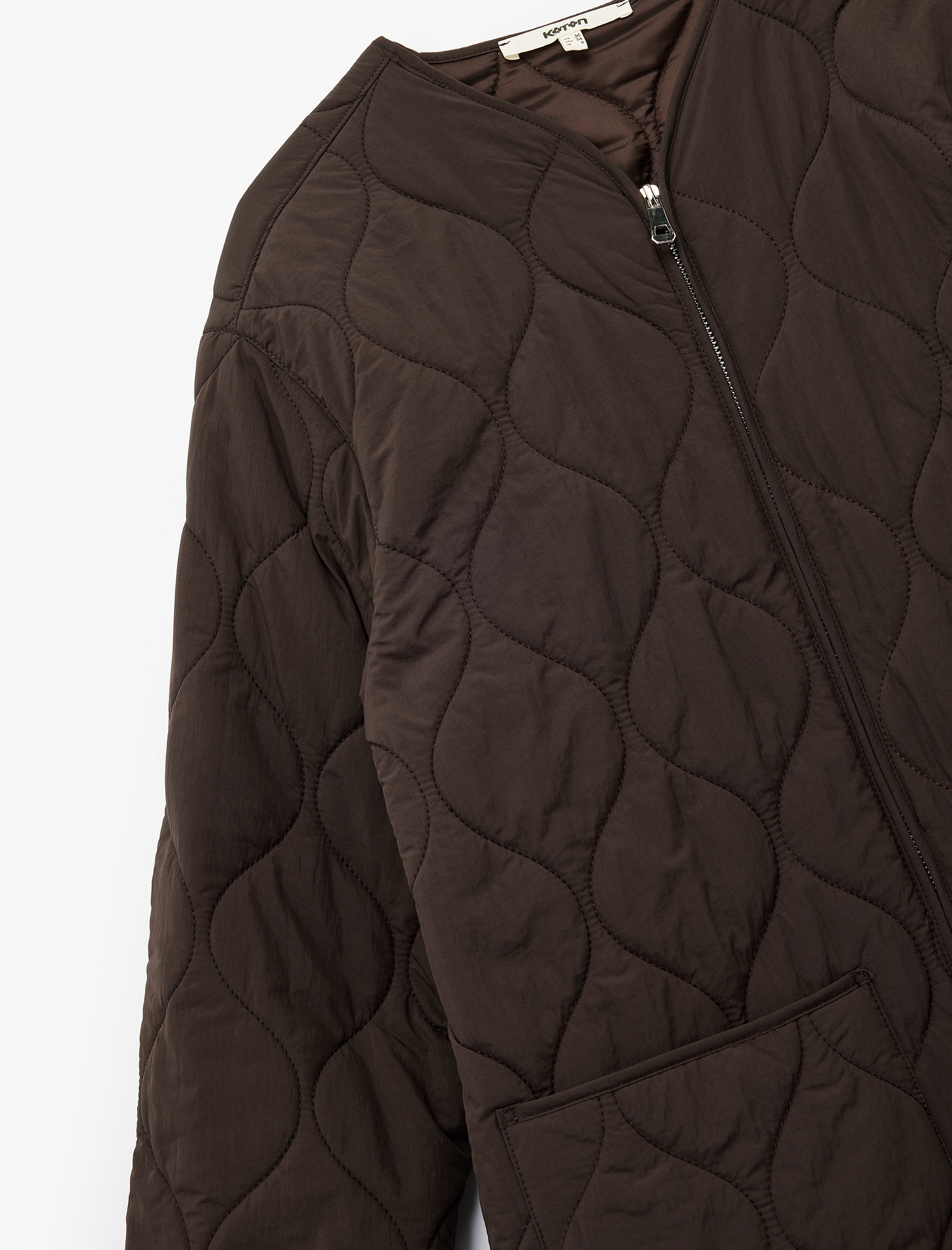   Uzun Kollu Cepli Bisiklet Yaka Fermuarlı Oversize Kapitone Ceket