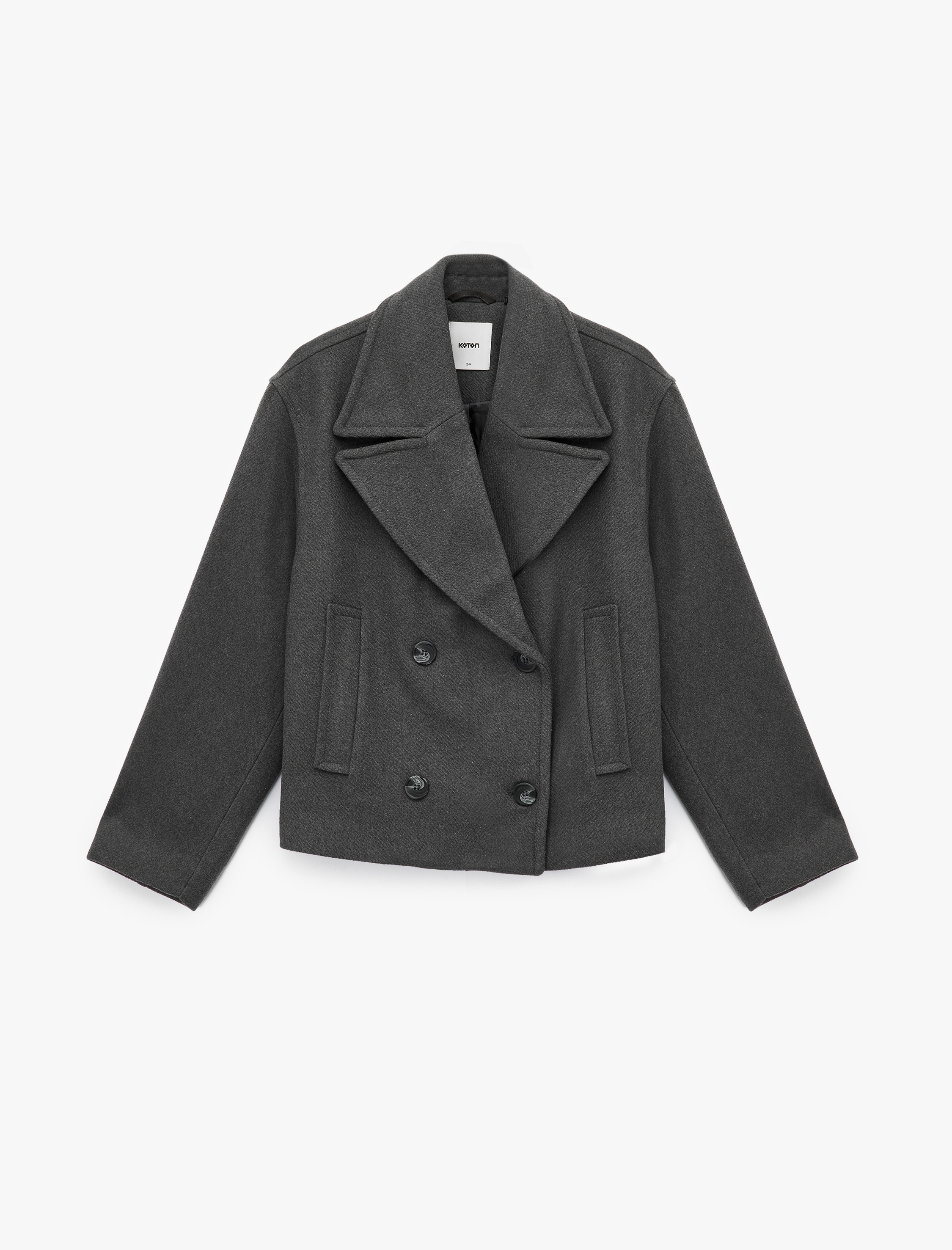   Uzun Kollu Cepli Düğmeli Kruvaze Kısa Kaşe Mont