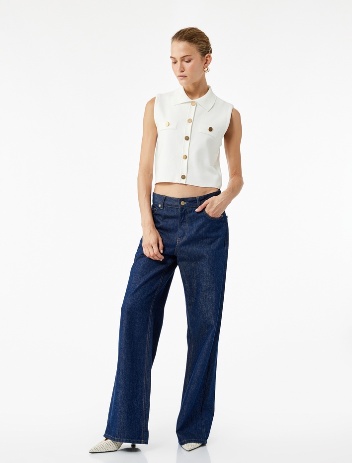  Kolsuz Aplike Detaylı Ceket Yaka Triko Yelek