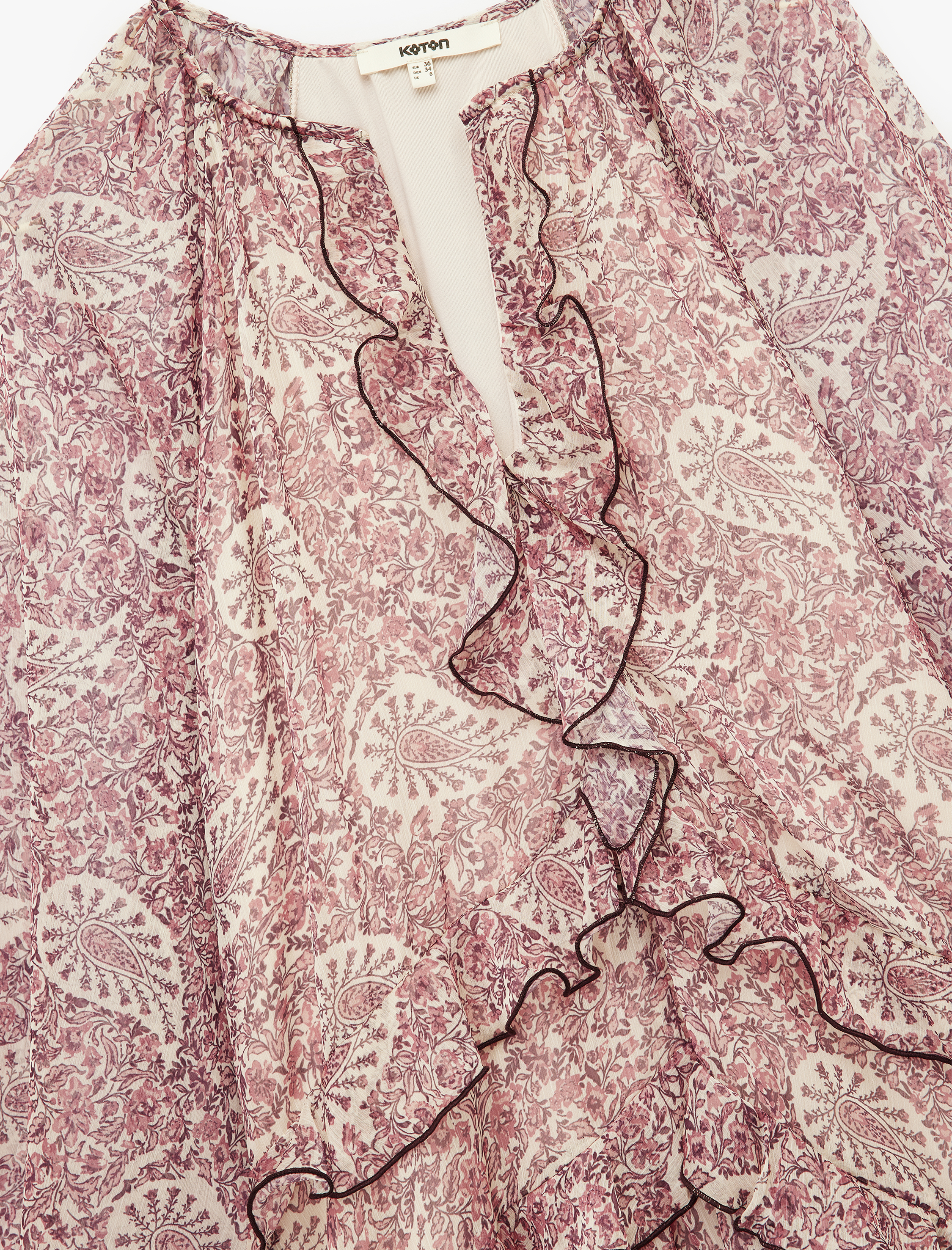   Etnik Desenli Uzun Kollu V Yaka Fırfırlı Midi Boy Şifon Elbise