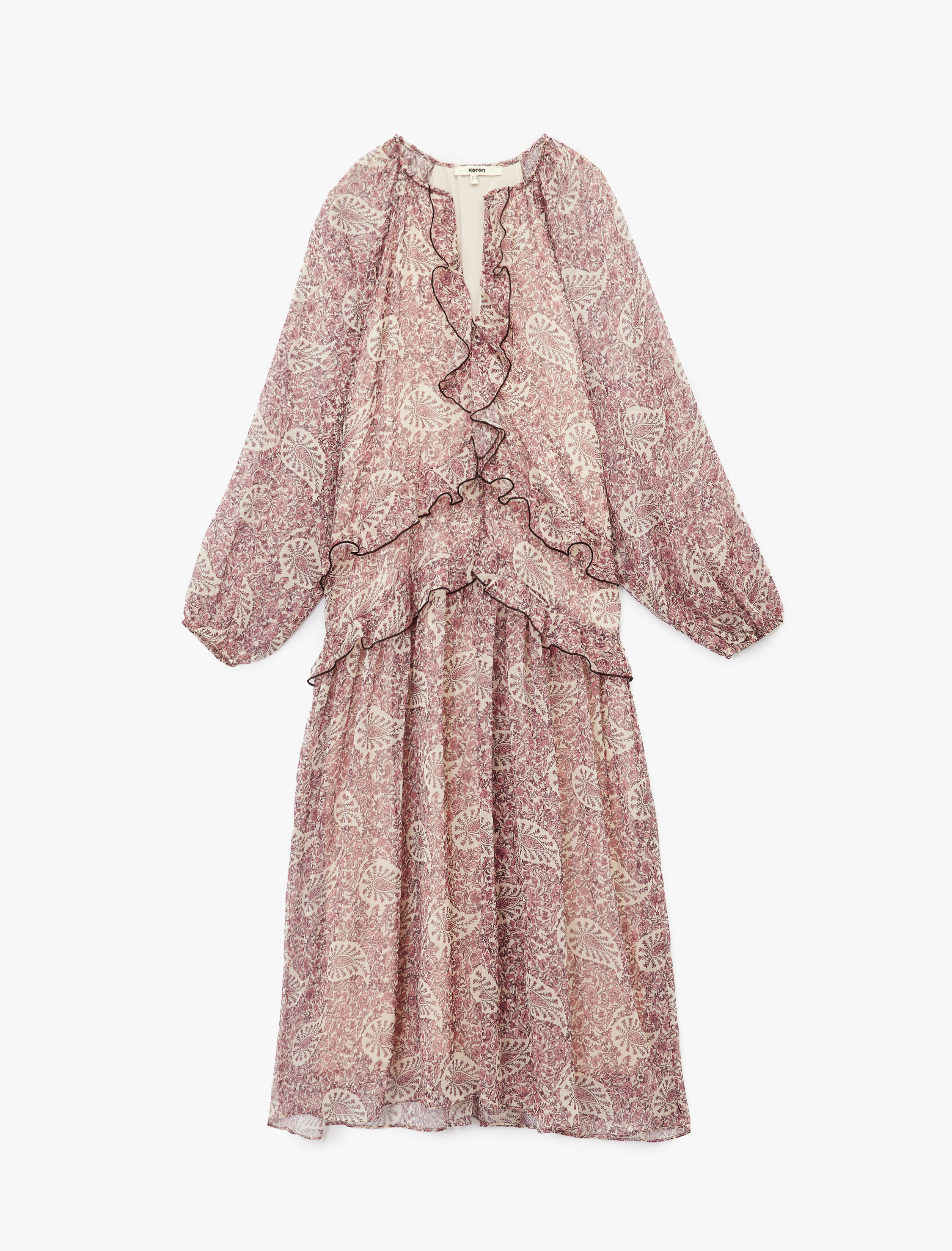   Etnik Desenli Uzun Kollu V Yaka Fırfırlı Midi Boy Şifon Elbise