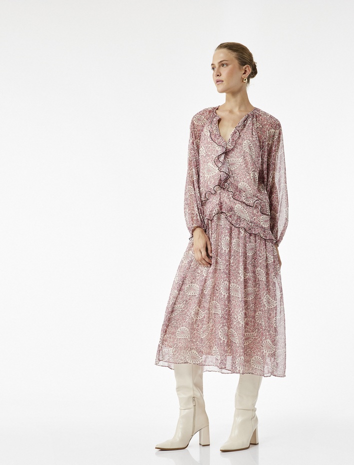  Etnik Desenli Uzun Kollu V Yaka Fırfırlı Midi Boy Şifon Elbise