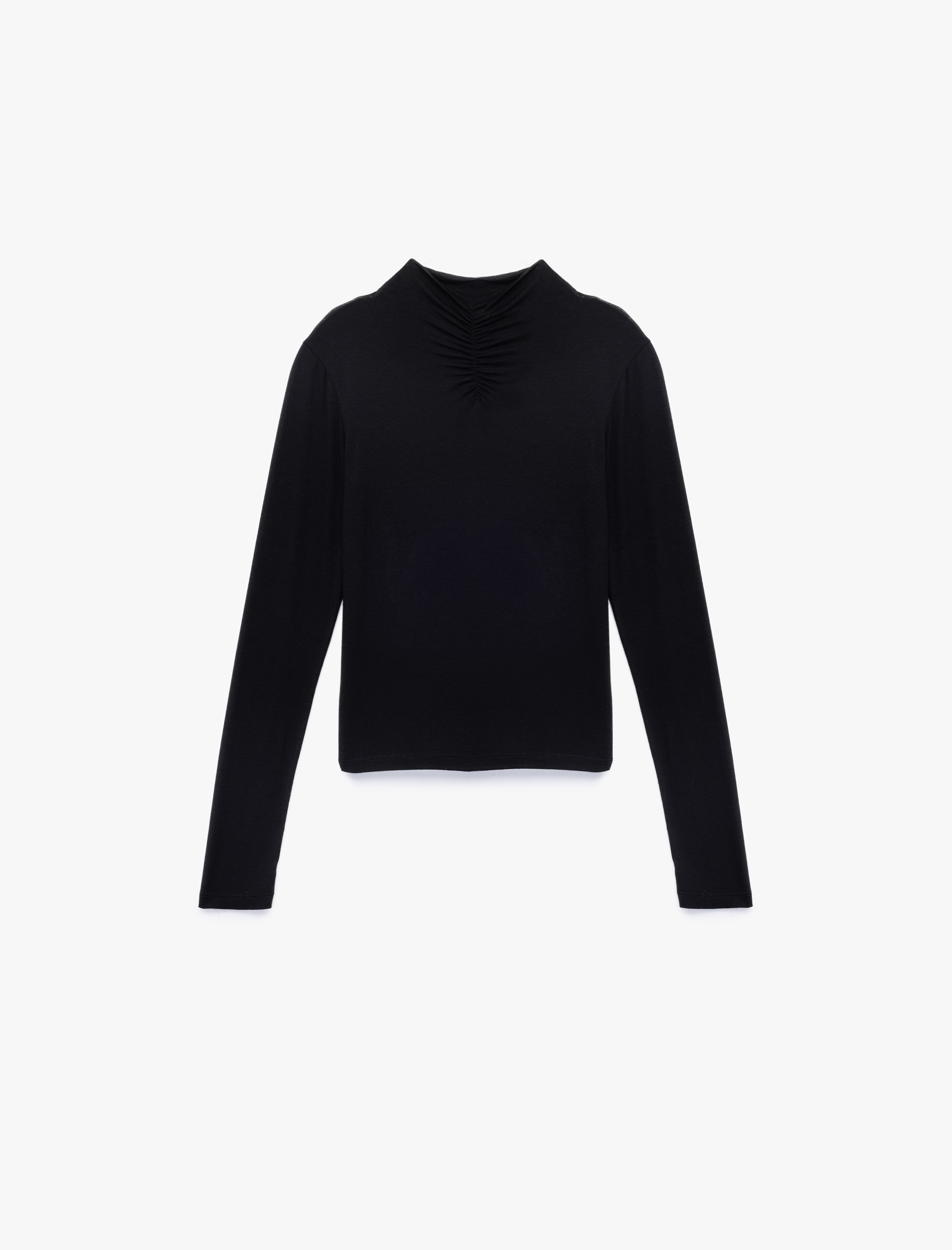   Slim Fit Uzun Kollu Drape Detaylı Dik Yaka Tişört