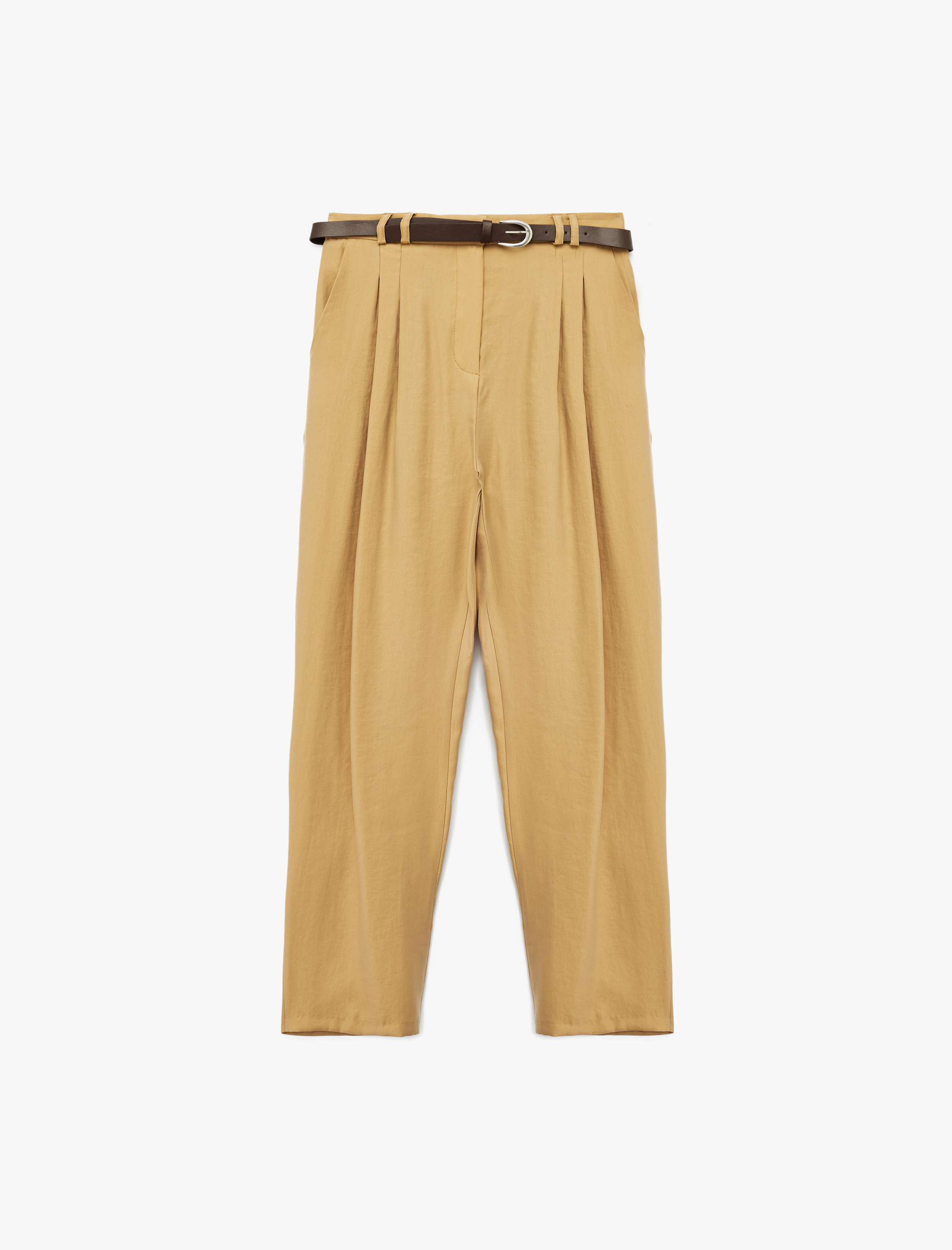   Modal Kumaş Pileli Cepli Kemerli Havuç Kesim Pantolon