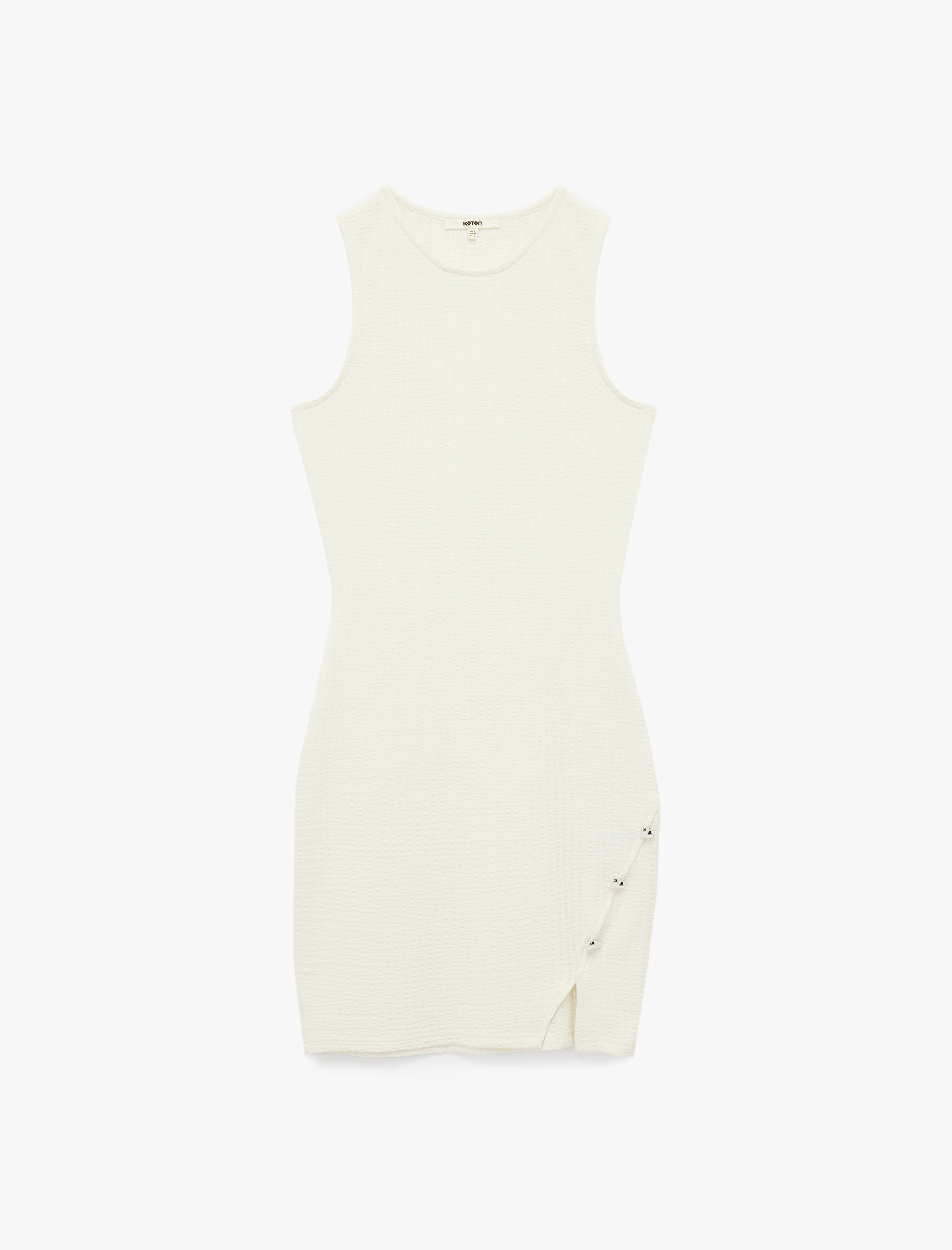   Slim Fit Asimetrik Kesim Aksesuar Detaylı Kolsuz Bisiklet Yaka Mini Kalem Elbise