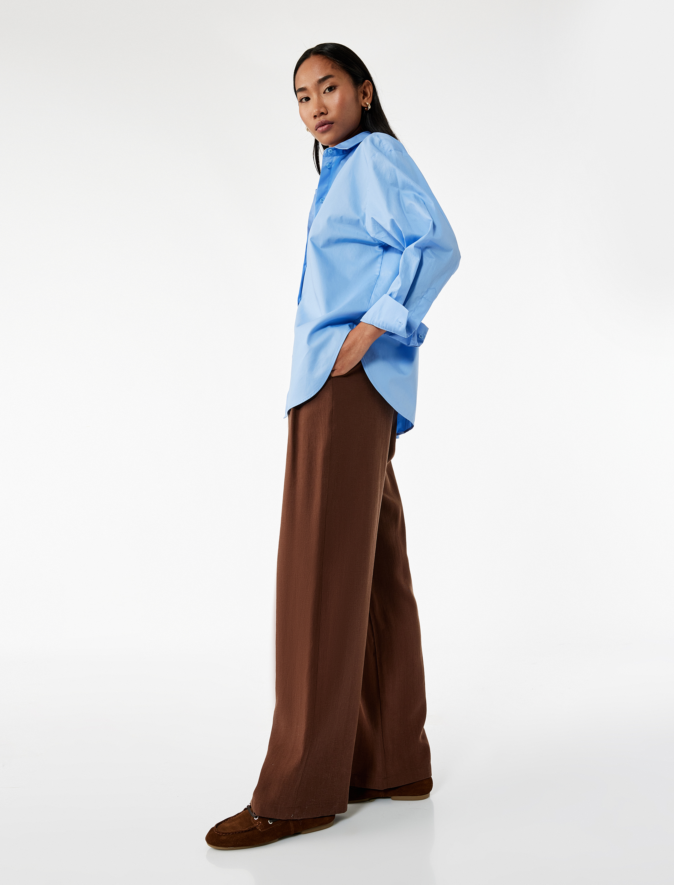   Modal Kumaş Cepli Beli Bağcıklı Geniş Paça Palazzo Pantolon