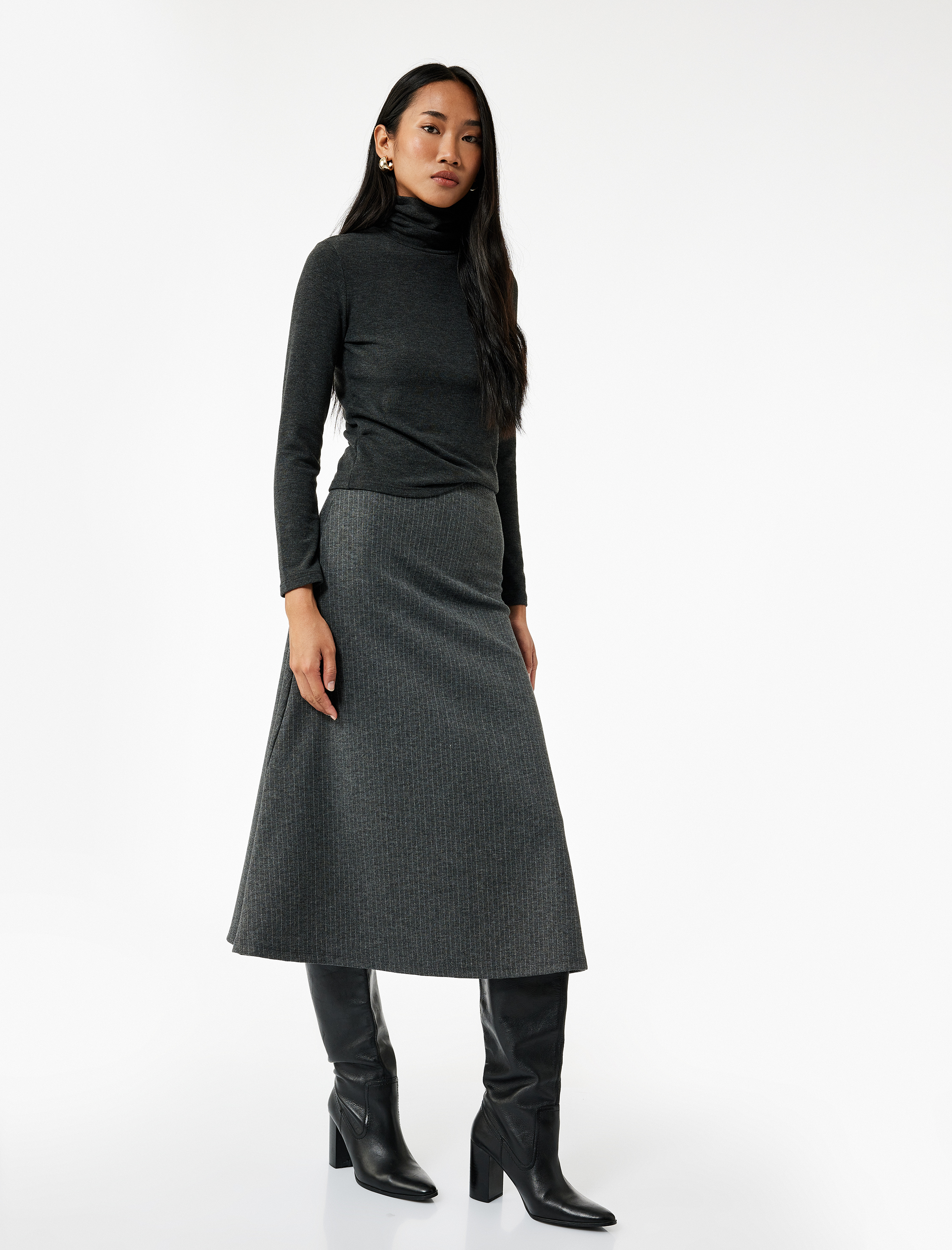   Metalik İplik Detaylı Midi Kloş Etek