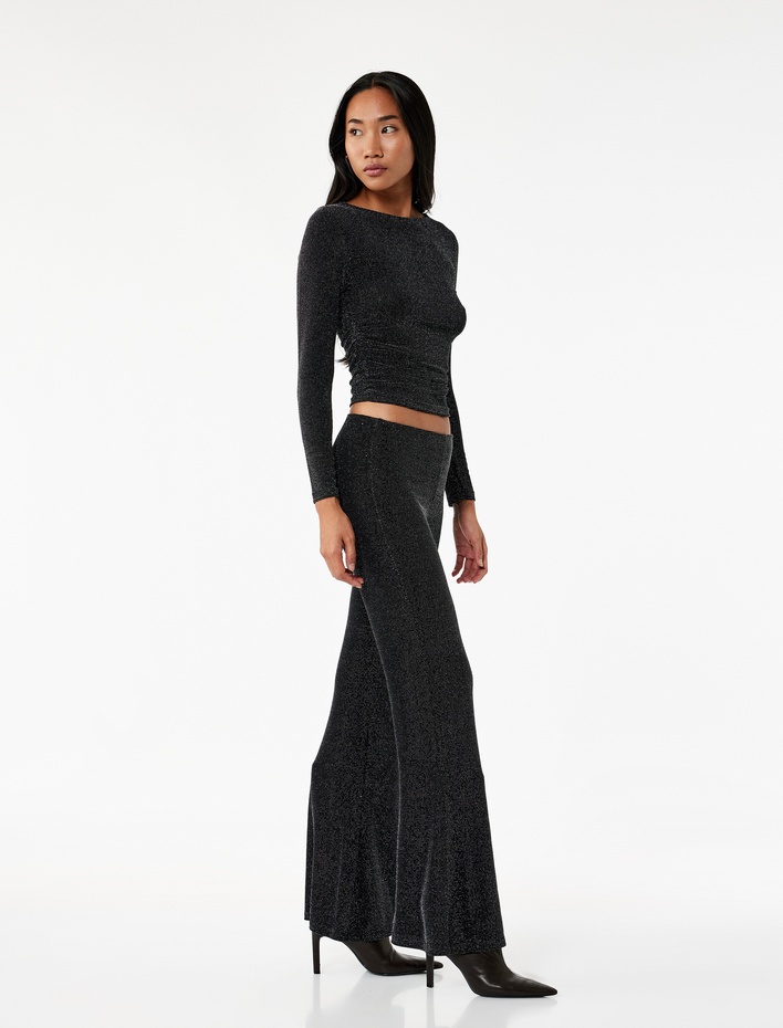  Dar Kalıp Yüksek Bel Simli Geniş İspanyol Paça Pantolon