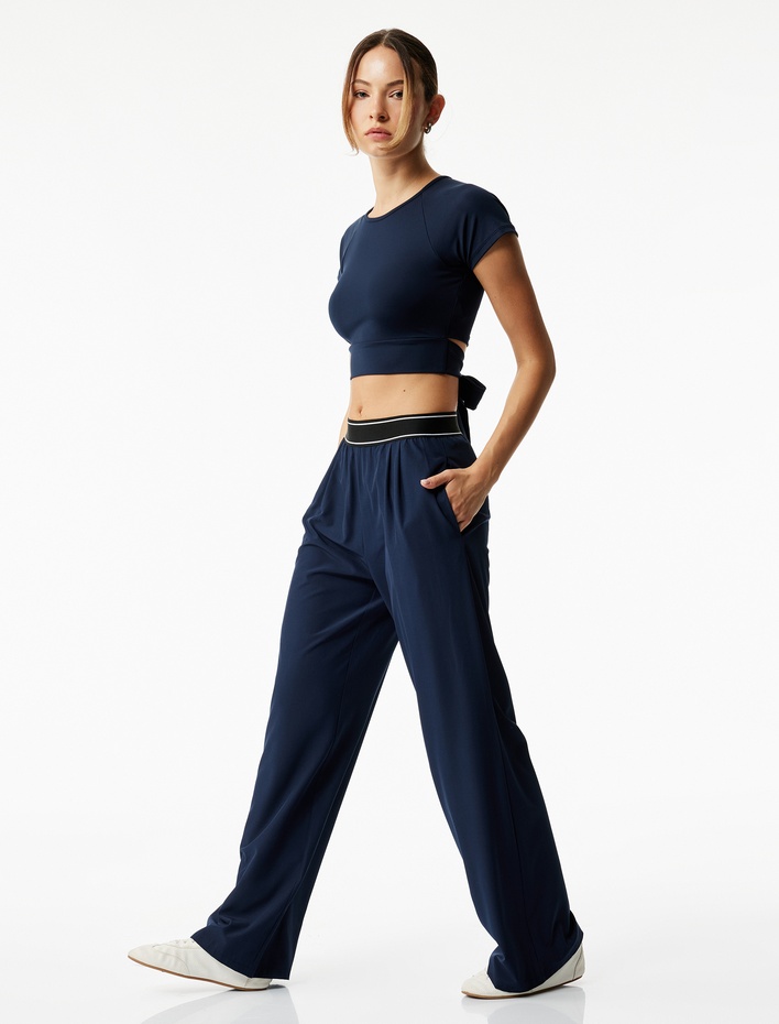  Yüksek Bel Şerit Detaylı Lastikli Spor Eşofman Altı