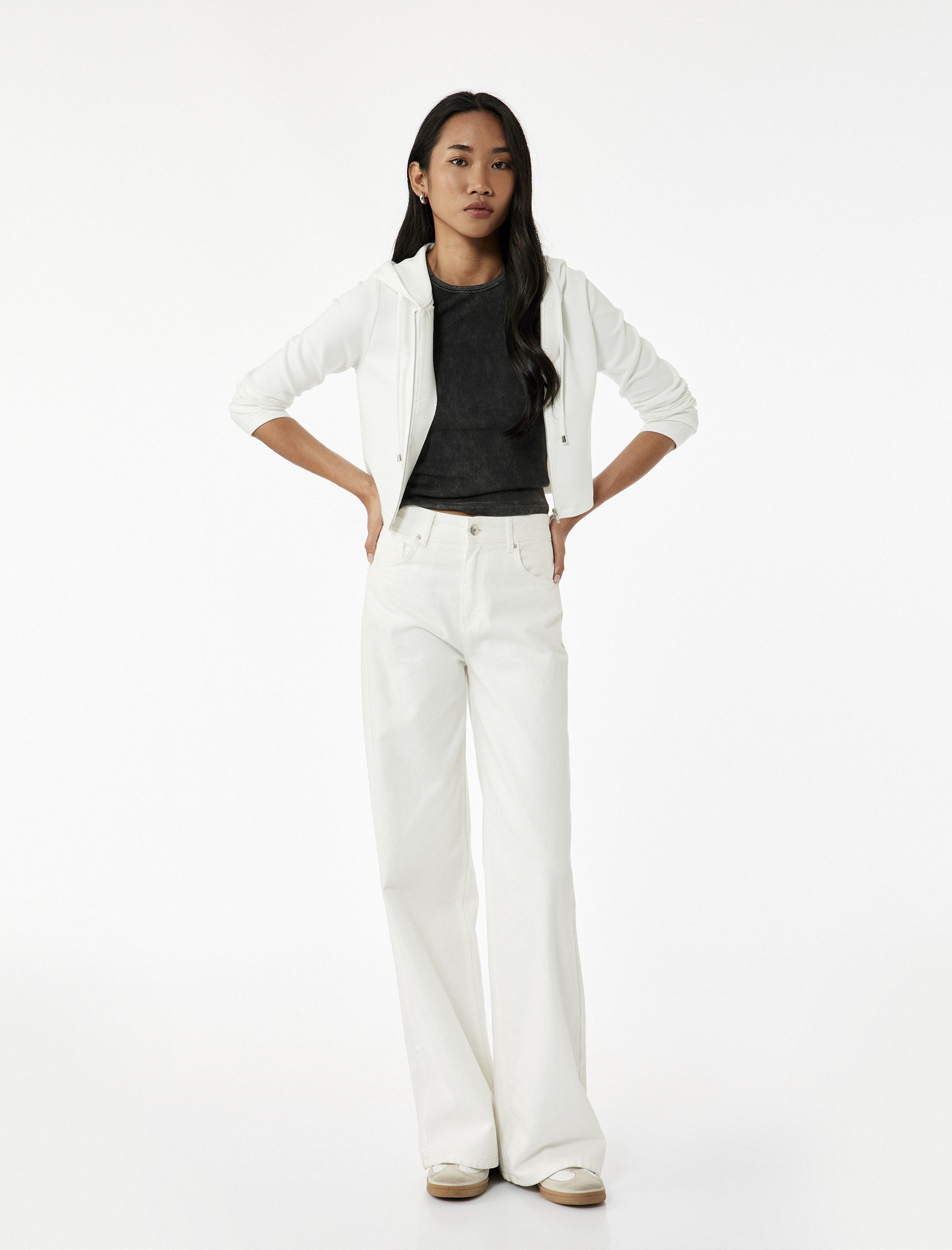   Uzun Kollu Viskon Karışımlı Kapüşonlu Tam Fermuarlı Sweatshirt