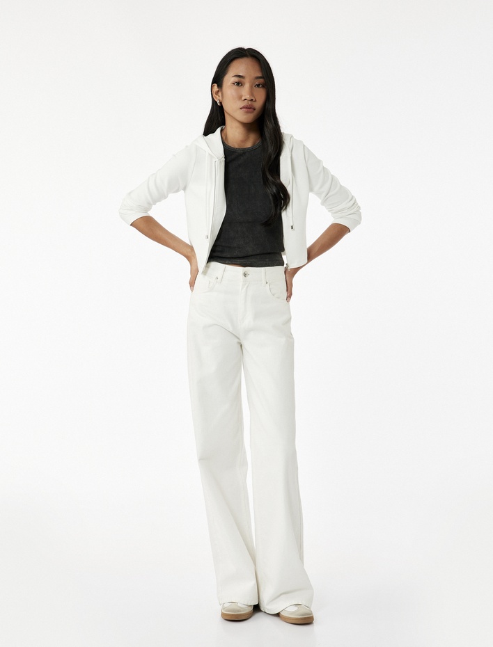  Uzun Kollu Viskon Karışımlı Kapüşonlu Tam Fermuarlı Sweatshirt