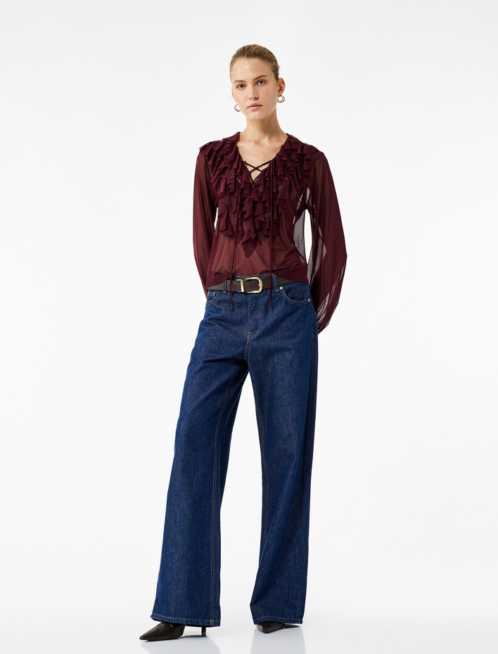  Transparan Uzun Kollu Bağlama Detaylı V Yaka Fırfırlı Bluz